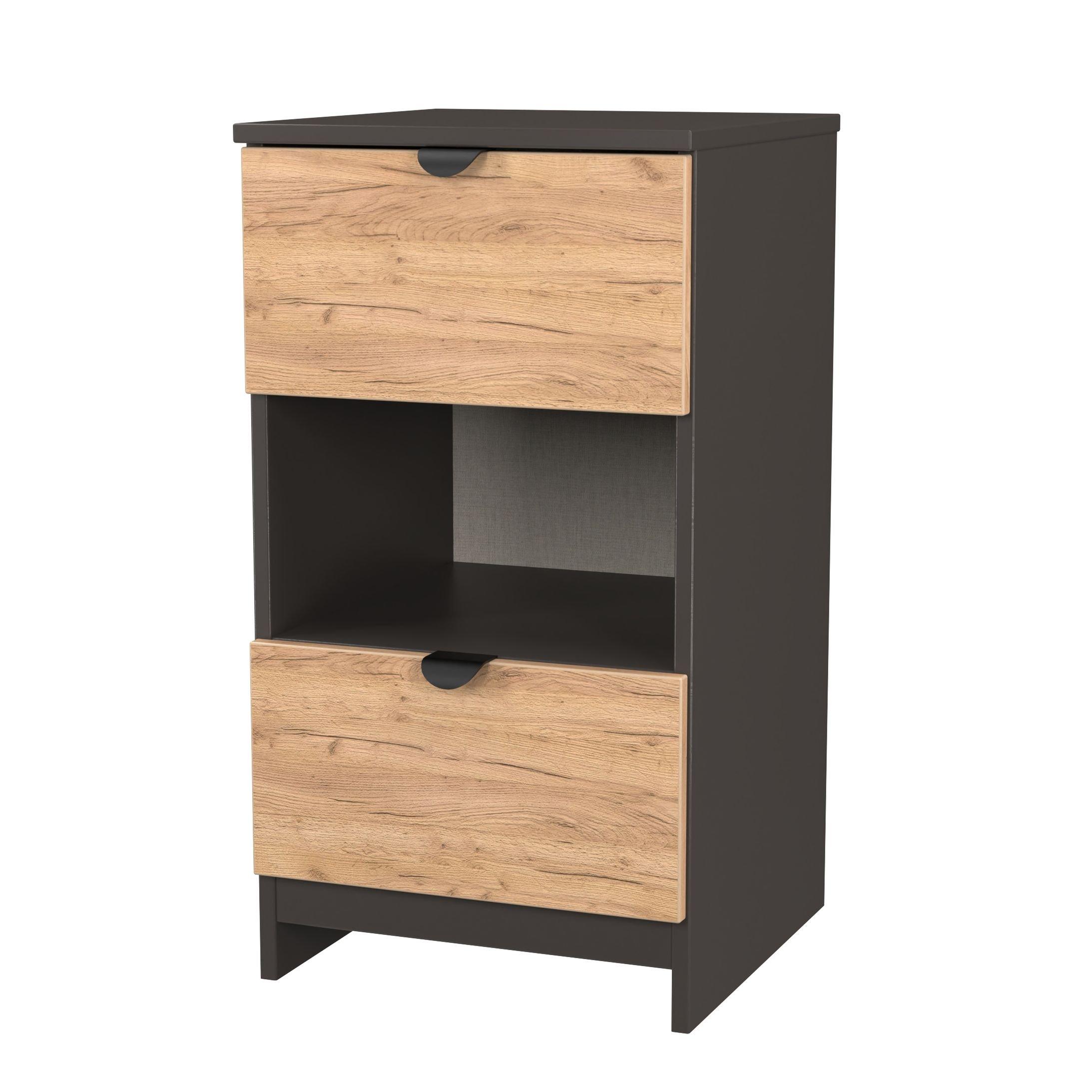 Craft Oak & Gra - Welcome Furniture - Solomon 2 Drawer Open Shelf Bedside Cabinet - 3