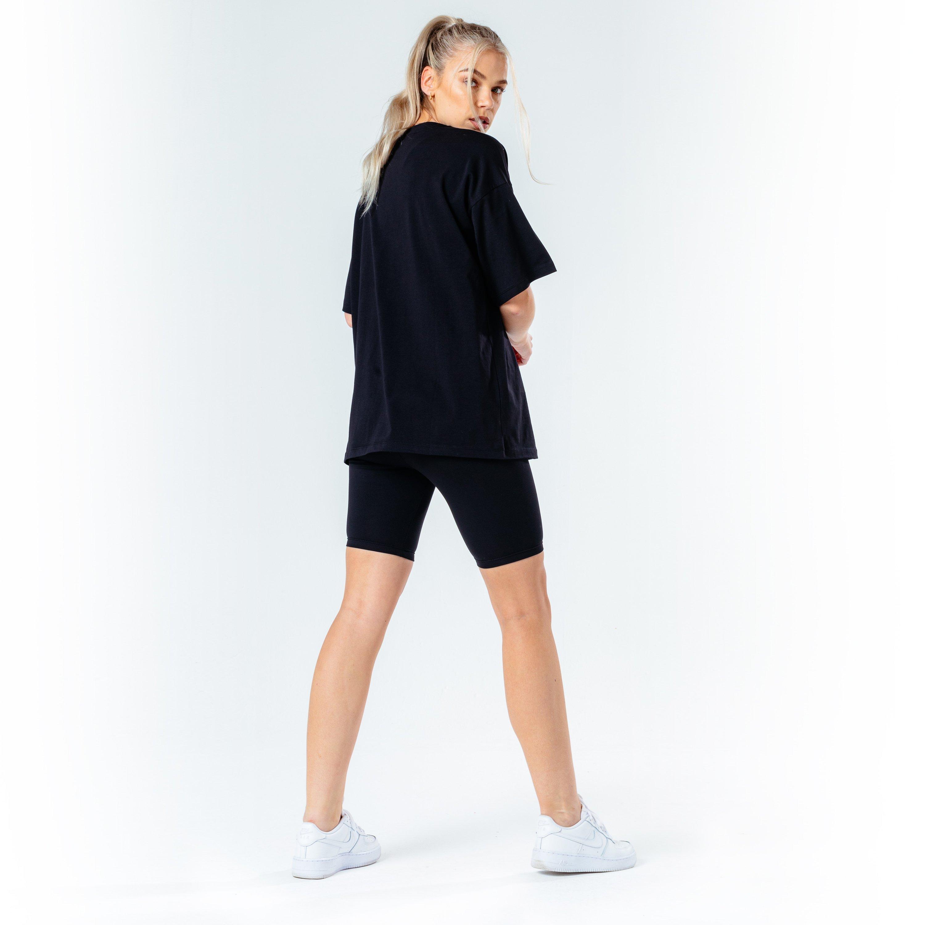 Black - Hype - Black Oversized T-Shirt and Cycle Shorts Women's Set - 3
