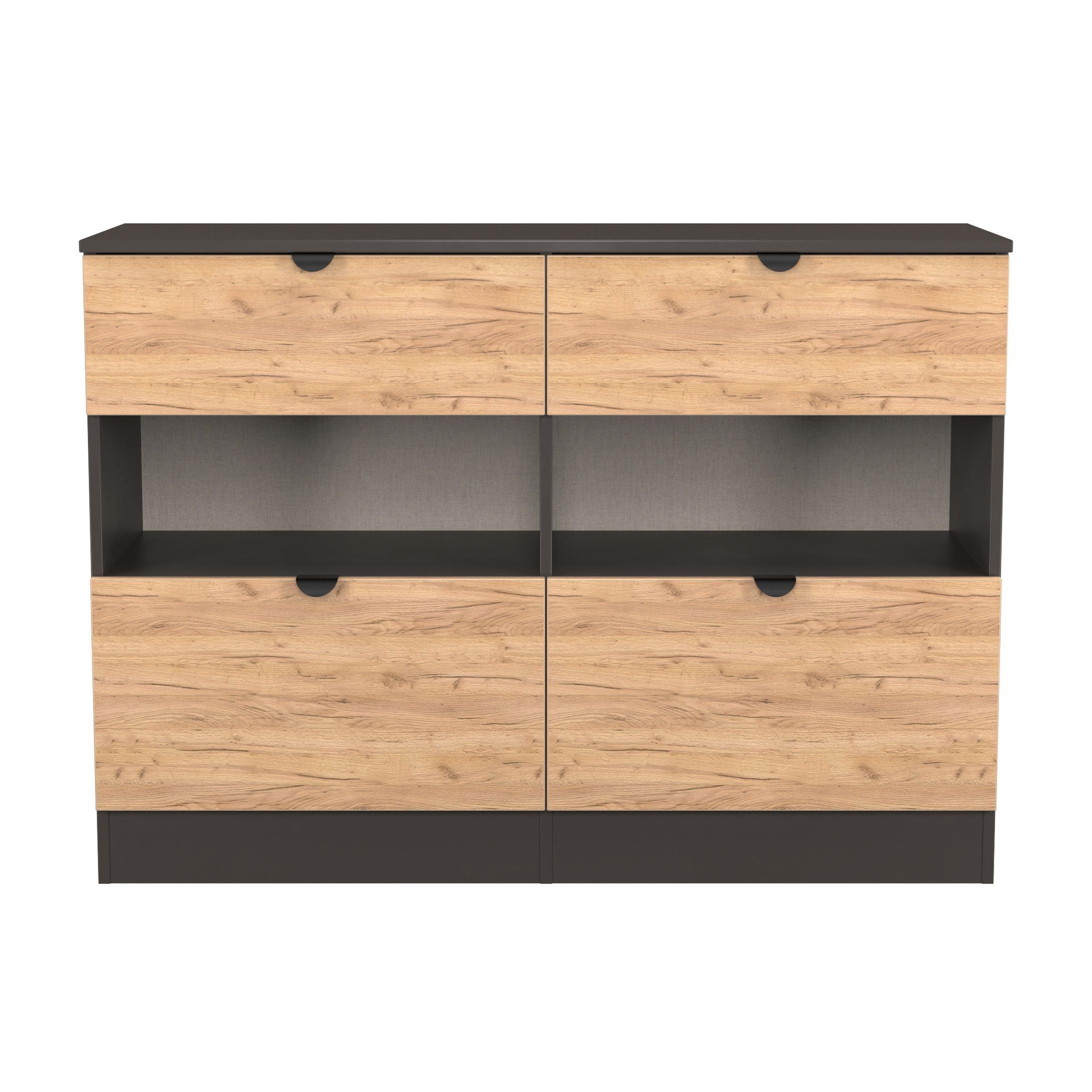 Welcome Furniture  Solomon 4 Drawer Open Shelf Wide Chest - Craft Oak & Gra - Regular