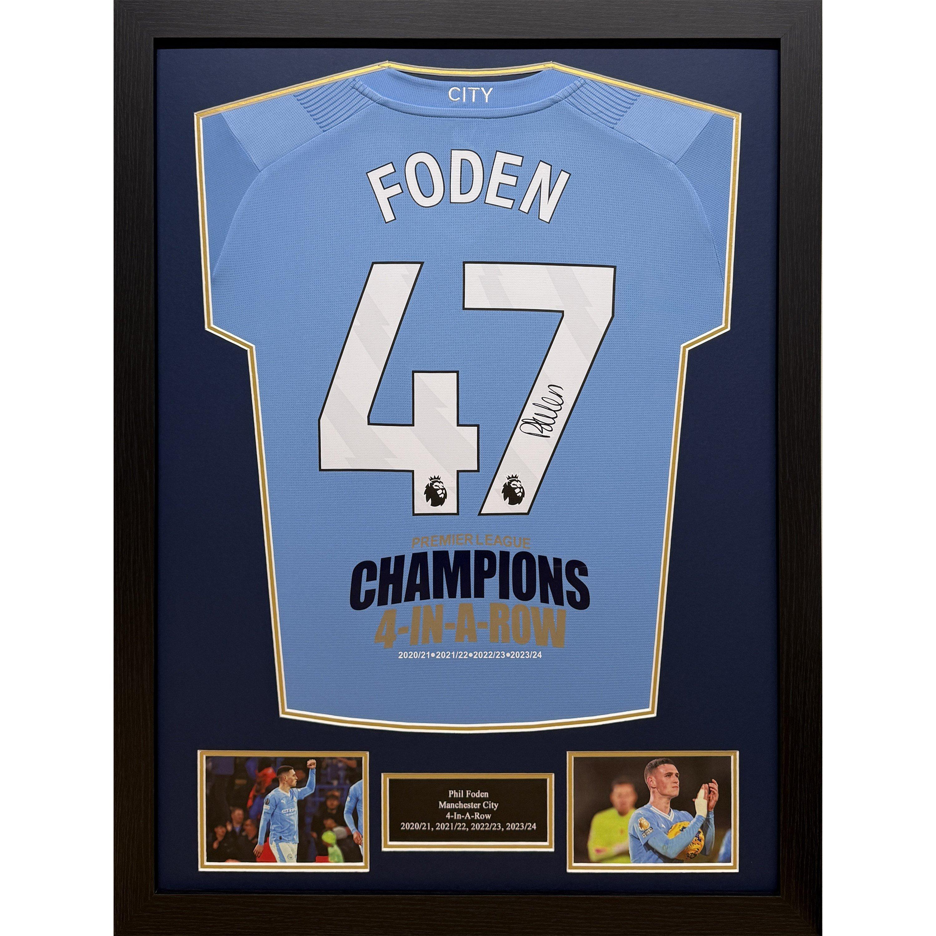 Allstarsignings Ltd  Phil Foden Signed Manchester City 4 In A Row Shirt - Blue