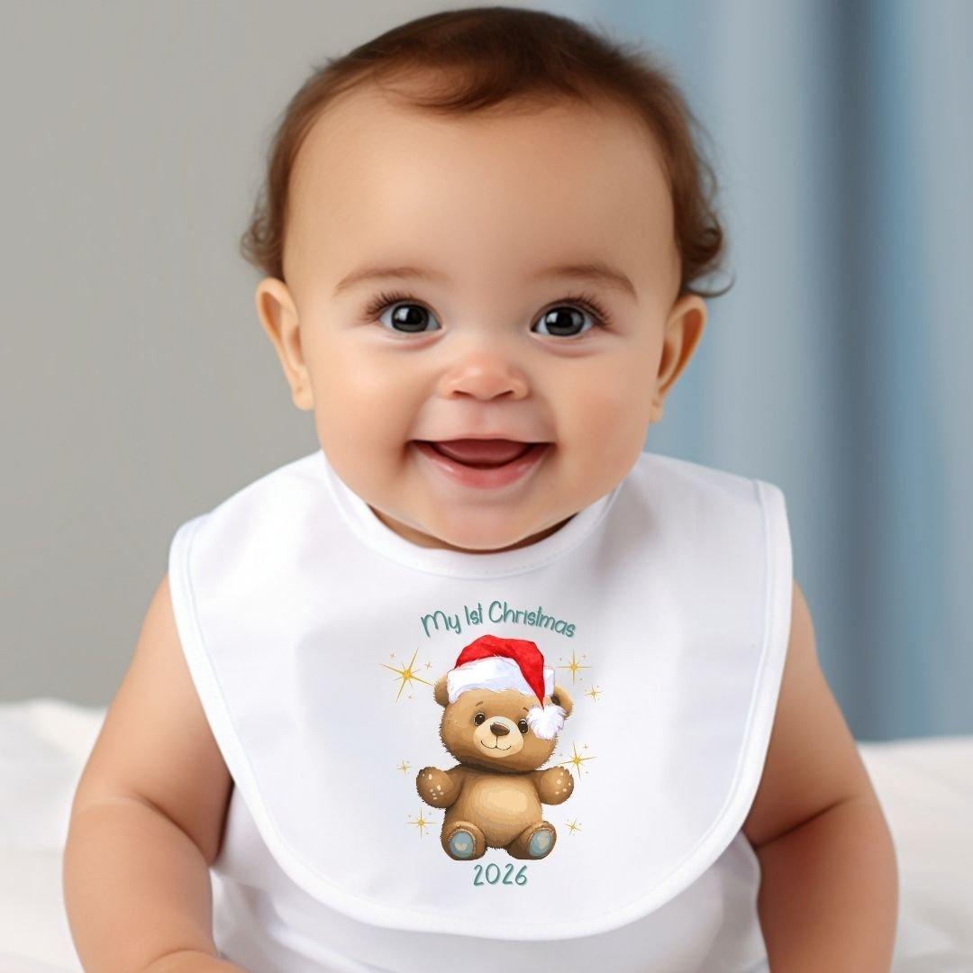 White - Aye Do Gifts - Happy 1st Christmas Teddy Baby Bib 7746-BBYbib - 1