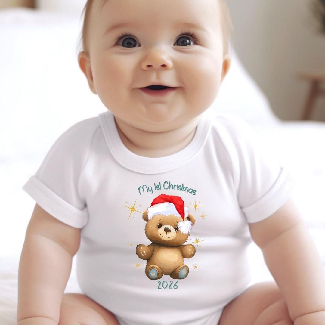 White - Aye Do Gifts - Happy 1st Christmas Teddy Baby Vest 7746-BBYvest - 1