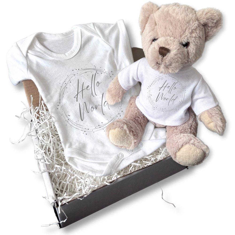 White - Aye Do Gifts - Hello World Circle Gift Hamper - Teddy & Baby Vest - 1