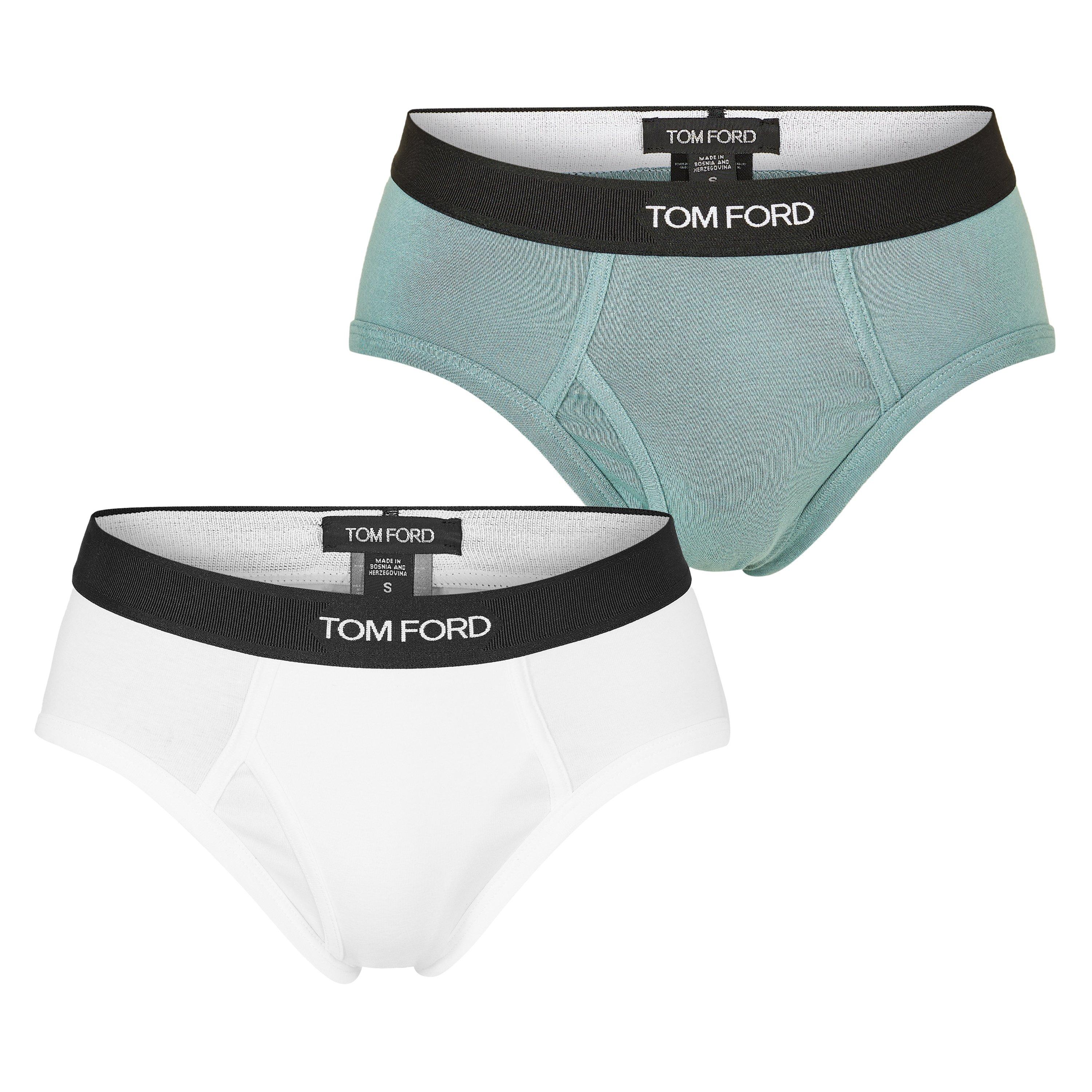 Tom Ford Men's Plain Cotton Briefs, 2-Pack - White/Teal - Medium
