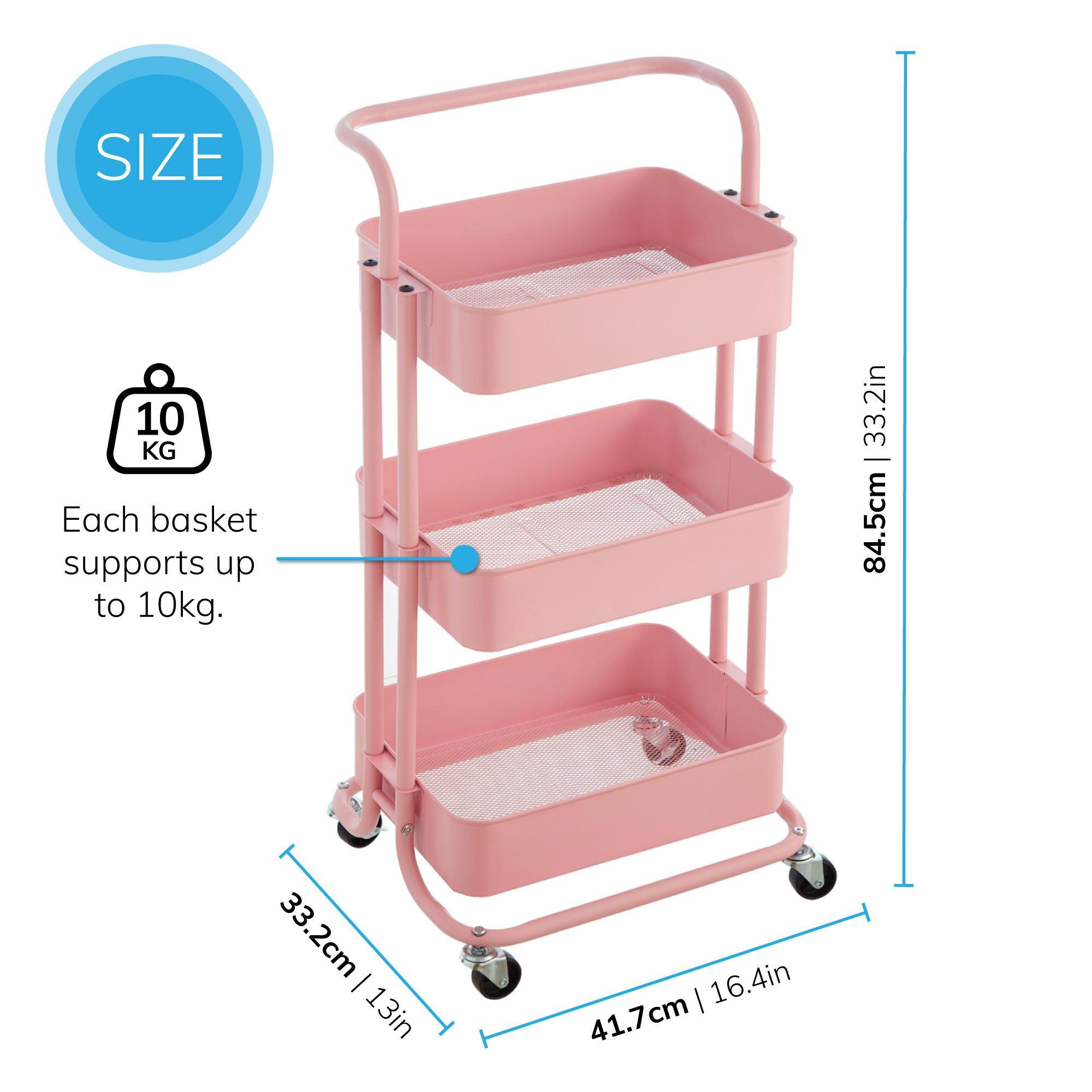 Pink - House of Home - 3-Tier Storage Cart Rolling Trolley Cart on Wheels - 2