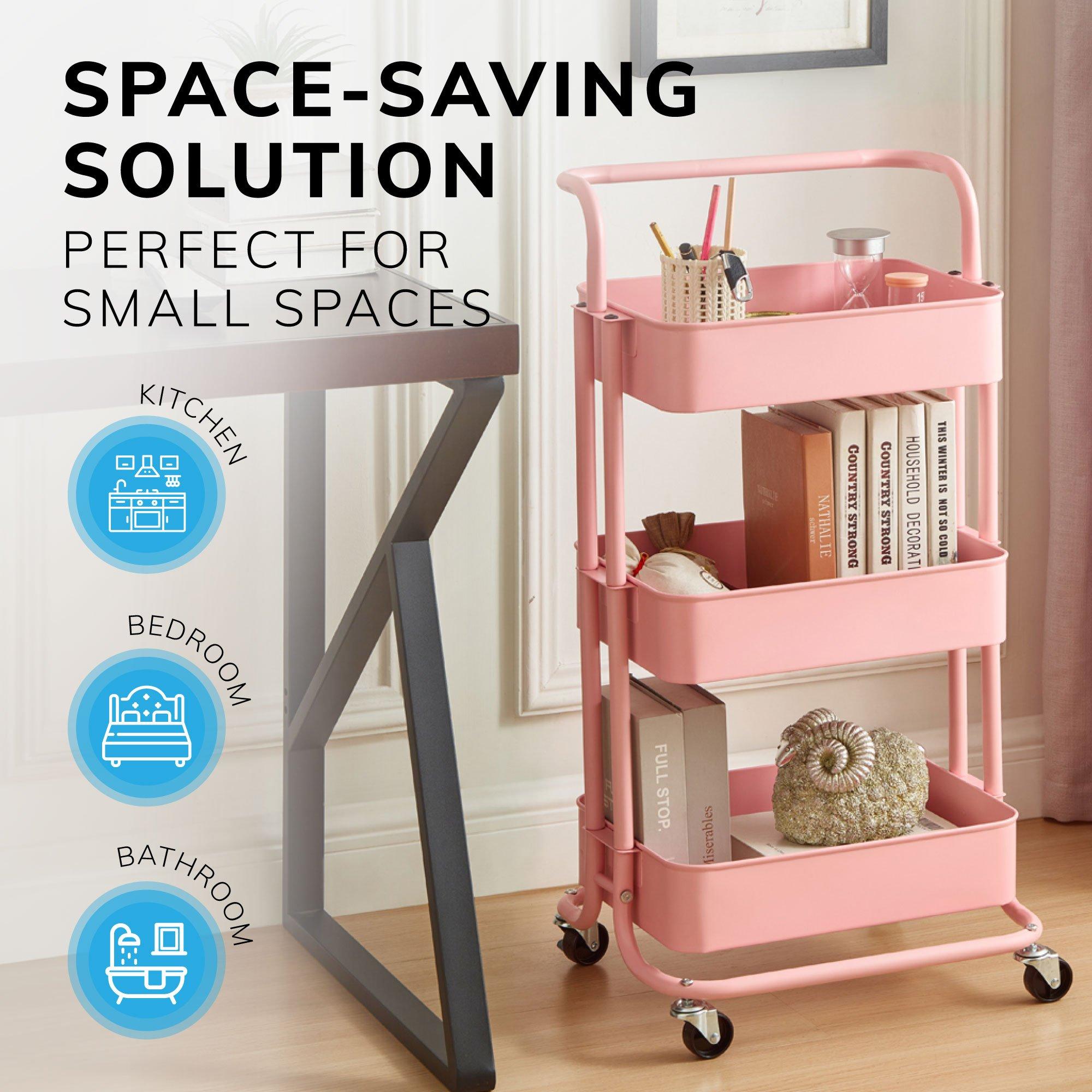 Pink - House of Home - 3-Tier Storage Cart Rolling Trolley Cart on Wheels - 3