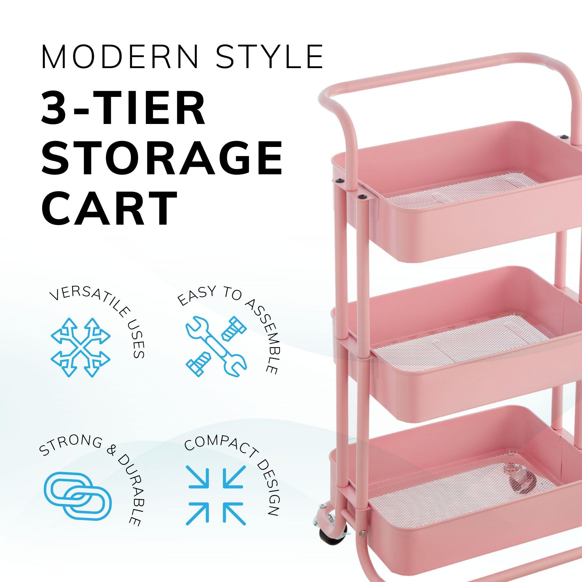 Pink - House of Home - 3-Tier Storage Cart Rolling Trolley Cart on Wheels - 4