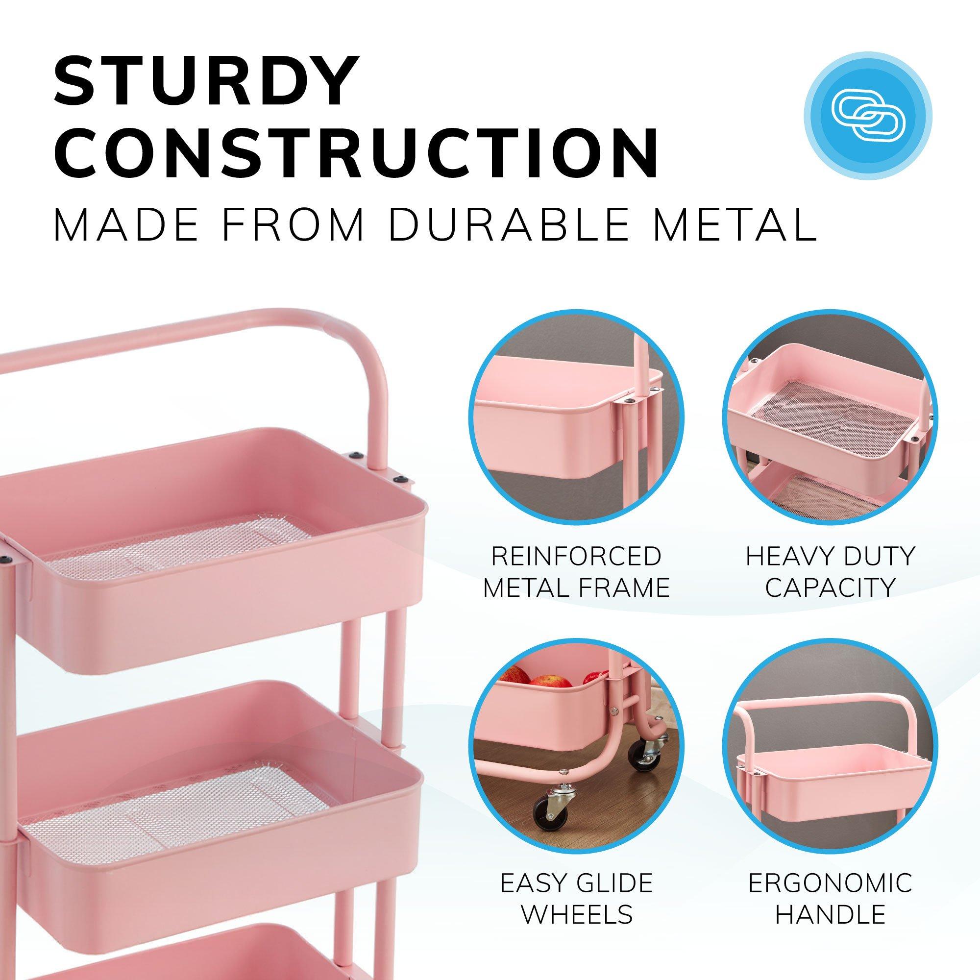 Pink - House of Home - 3-Tier Storage Cart Rolling Trolley Cart on Wheels - 5