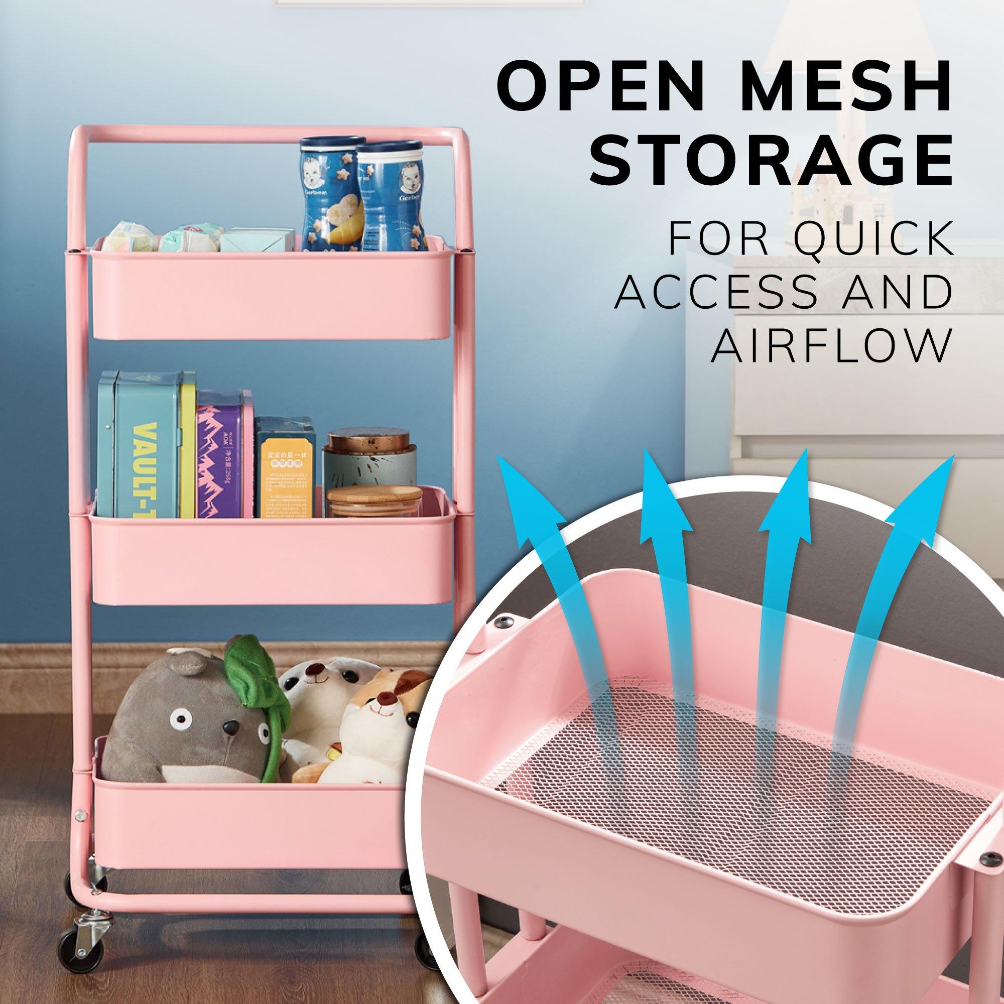 Pink - House of Home - 3-Tier Storage Cart Rolling Trolley Cart on Wheels - 6