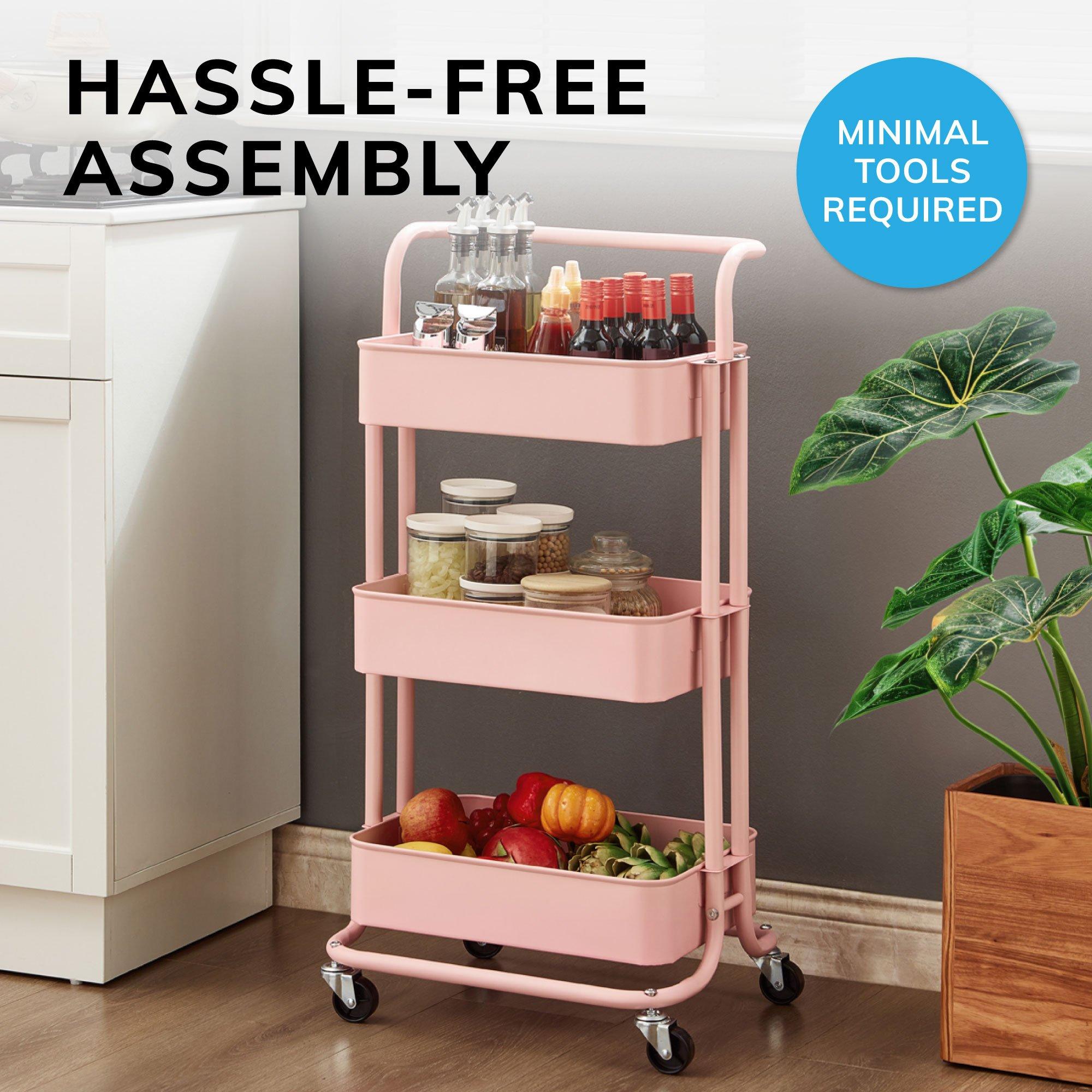 Pink - House of Home - 3-Tier Storage Cart Rolling Trolley Cart on Wheels - 7
