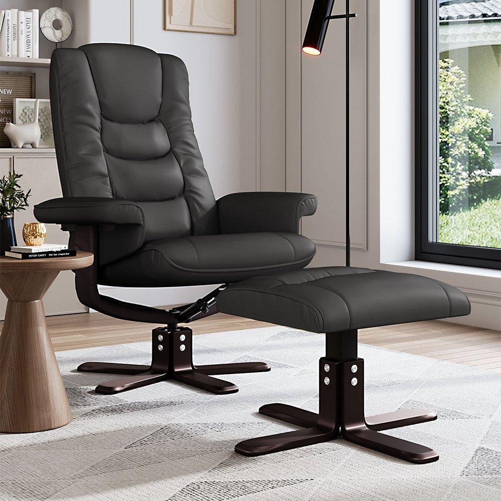 Black - Kabinet UK - Upholstered Swivel Recliner Chair with Ottoman - 1