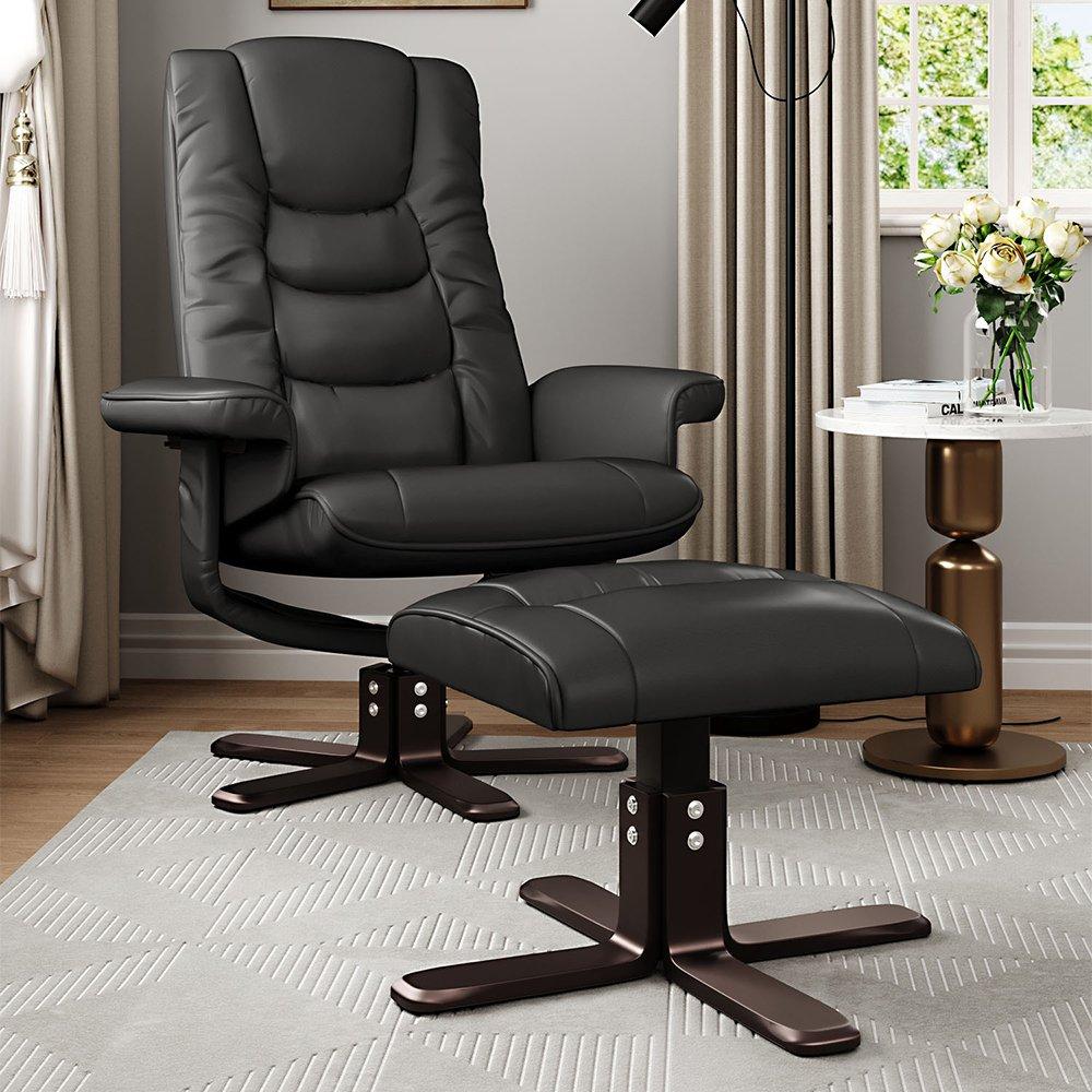 Black - Kabinet UK - Upholstered Swivel Recliner Chair with Ottoman - 2