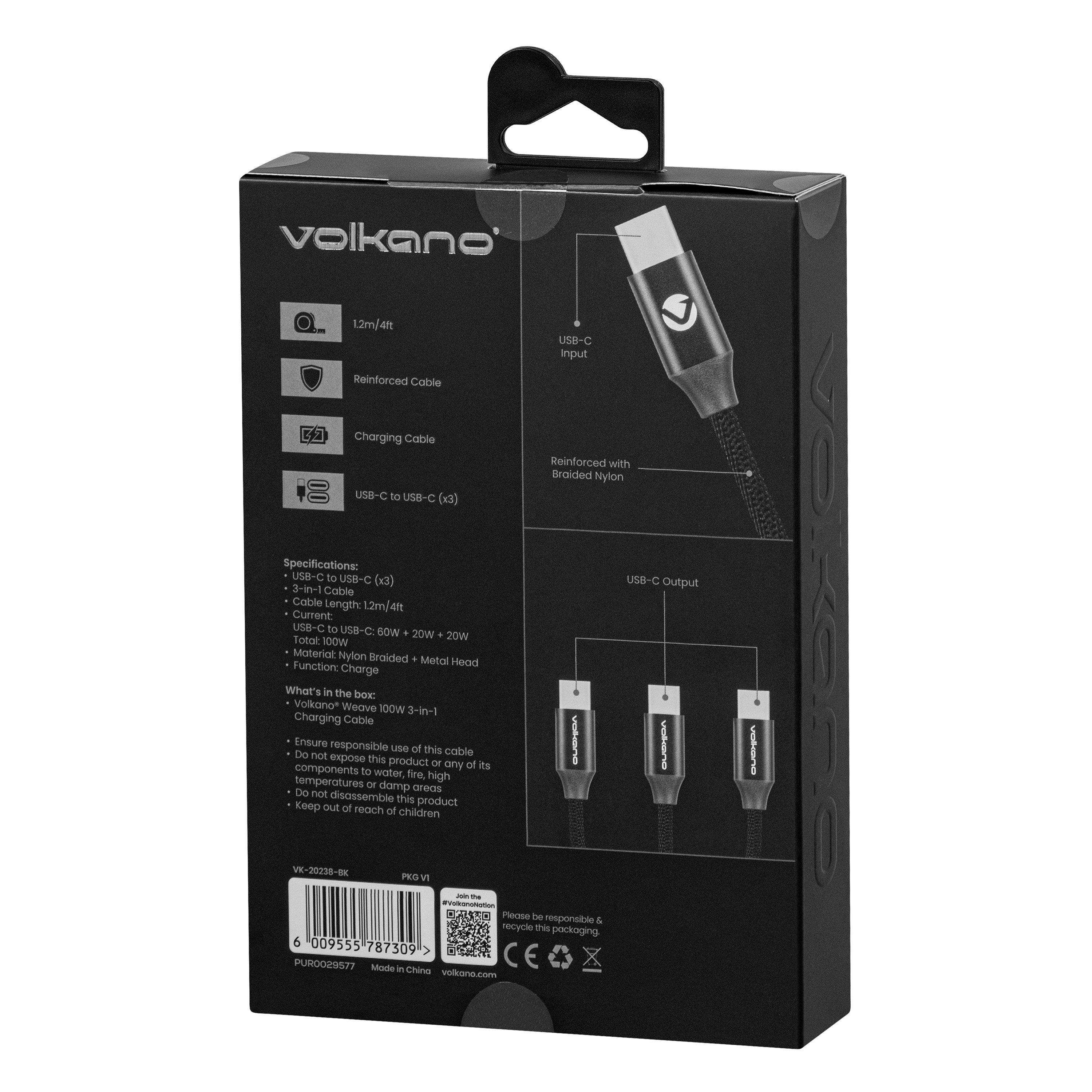 Black - Volkano - Volkano Weave 100W 3-in-1 Type-C Charging Cable - 4