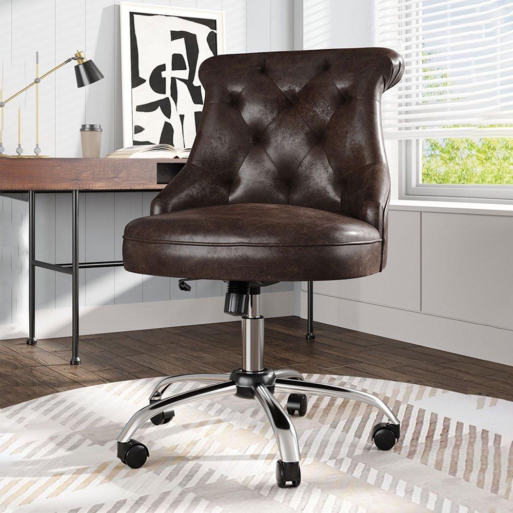 Brown - Kabinet UK - Mid-Back PU Leather Buttoned Swivel Office Chair - 1