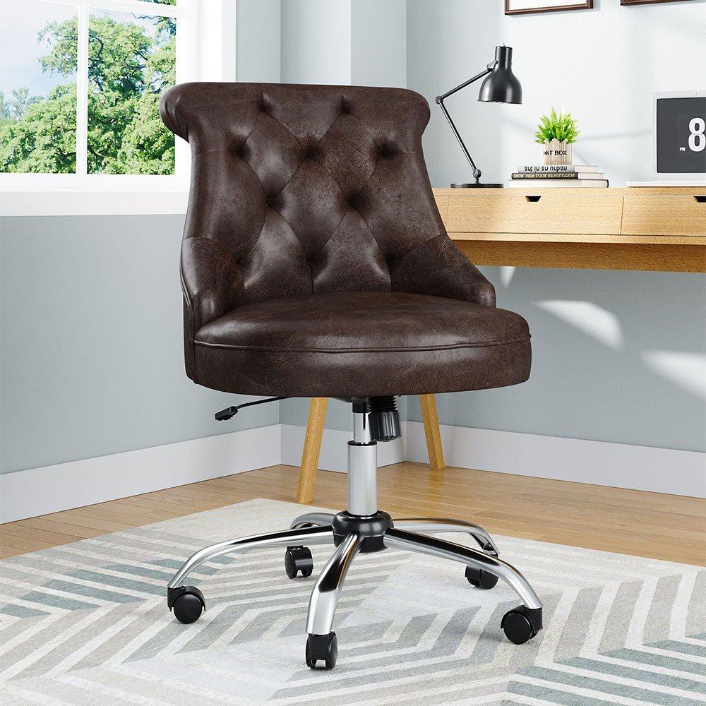 Brown - Kabinet UK - Mid-Back PU Leather Buttoned Swivel Office Chair - 2