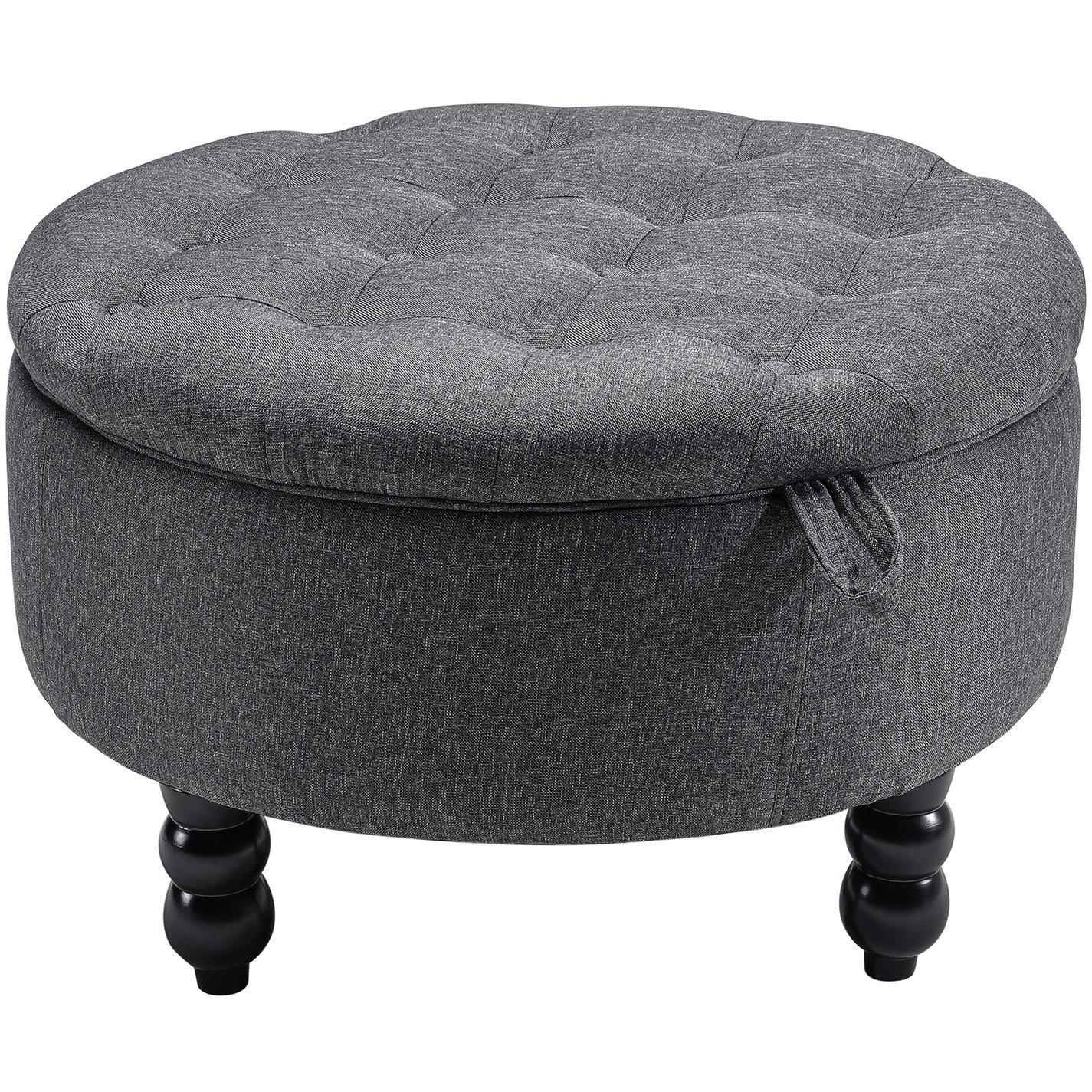 Black Grey - Kabinet UK - Linen Round Storage Ottoman with Tray Top Table - 1