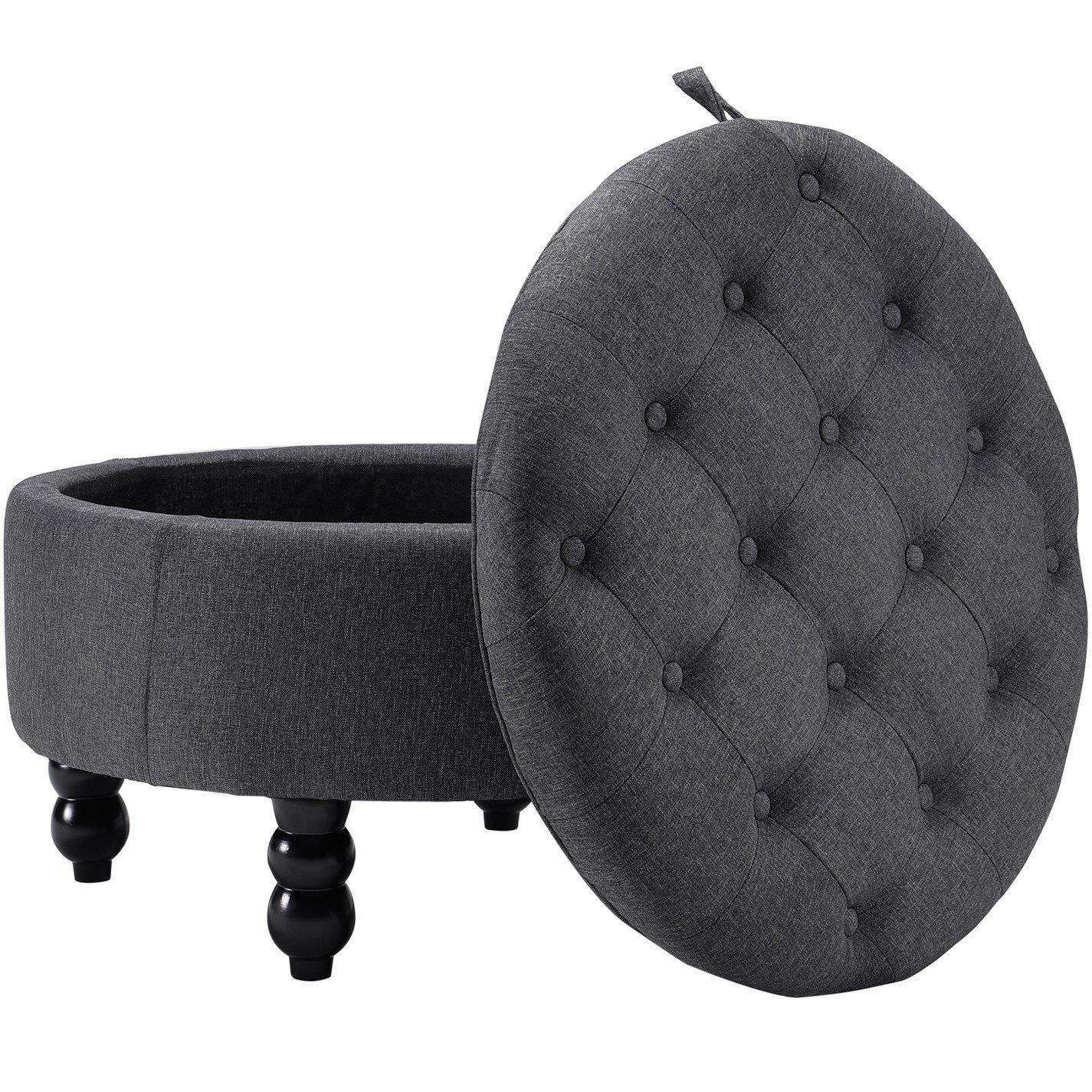 Black Grey - Kabinet UK - Linen Round Storage Ottoman with Tray Top Table - 2