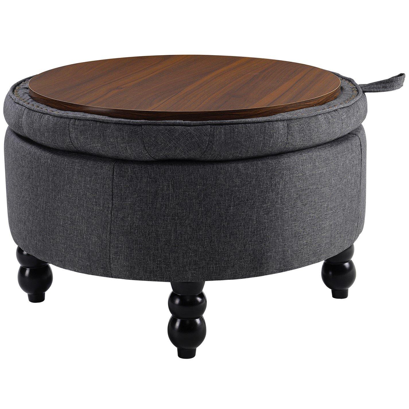 Black Grey - Kabinet UK - Linen Round Storage Ottoman with Tray Top Table - 3