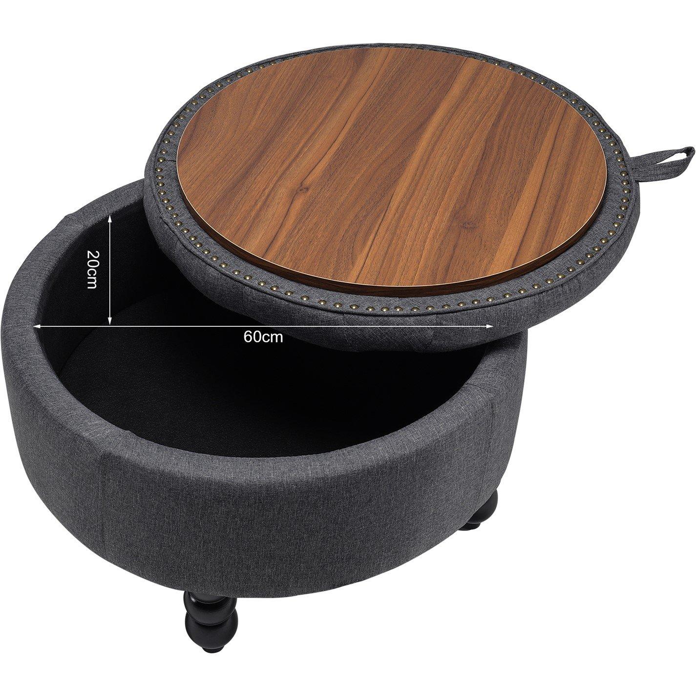 Black Grey - Kabinet UK - Linen Round Storage Ottoman with Tray Top Table - 7