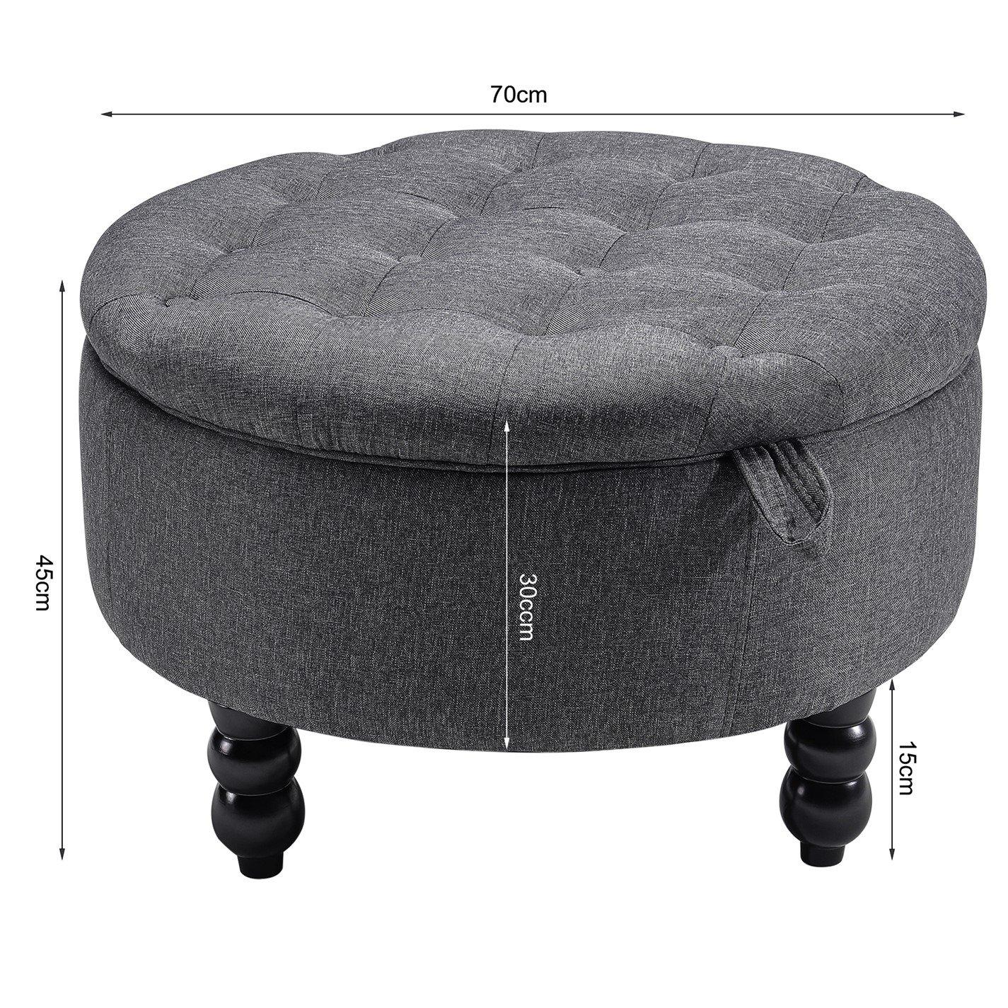 Black Grey - Kabinet UK - Linen Round Storage Ottoman with Tray Top Table - 8