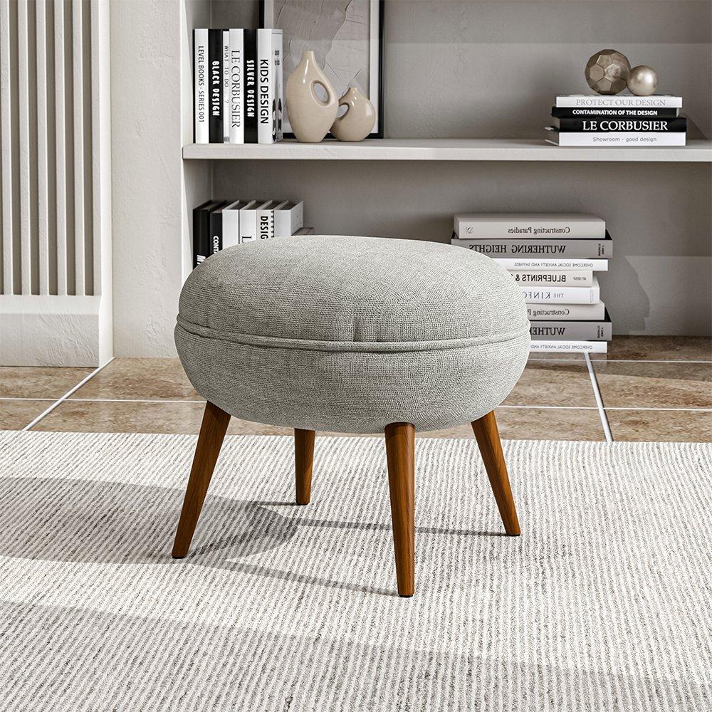 Grey Brown - Kabinet UK - Linen Upholstered Oval Footstool with Wooden Legs - 2