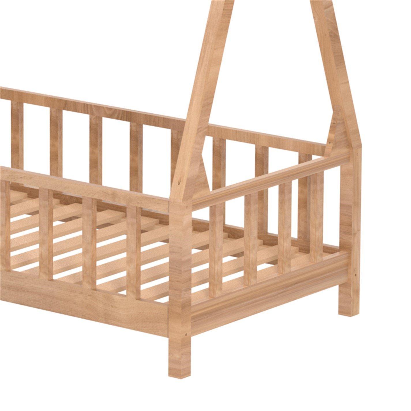 Brown - Kabinet UK - Kids Premium Wood House Bed Frame with Fence - 9