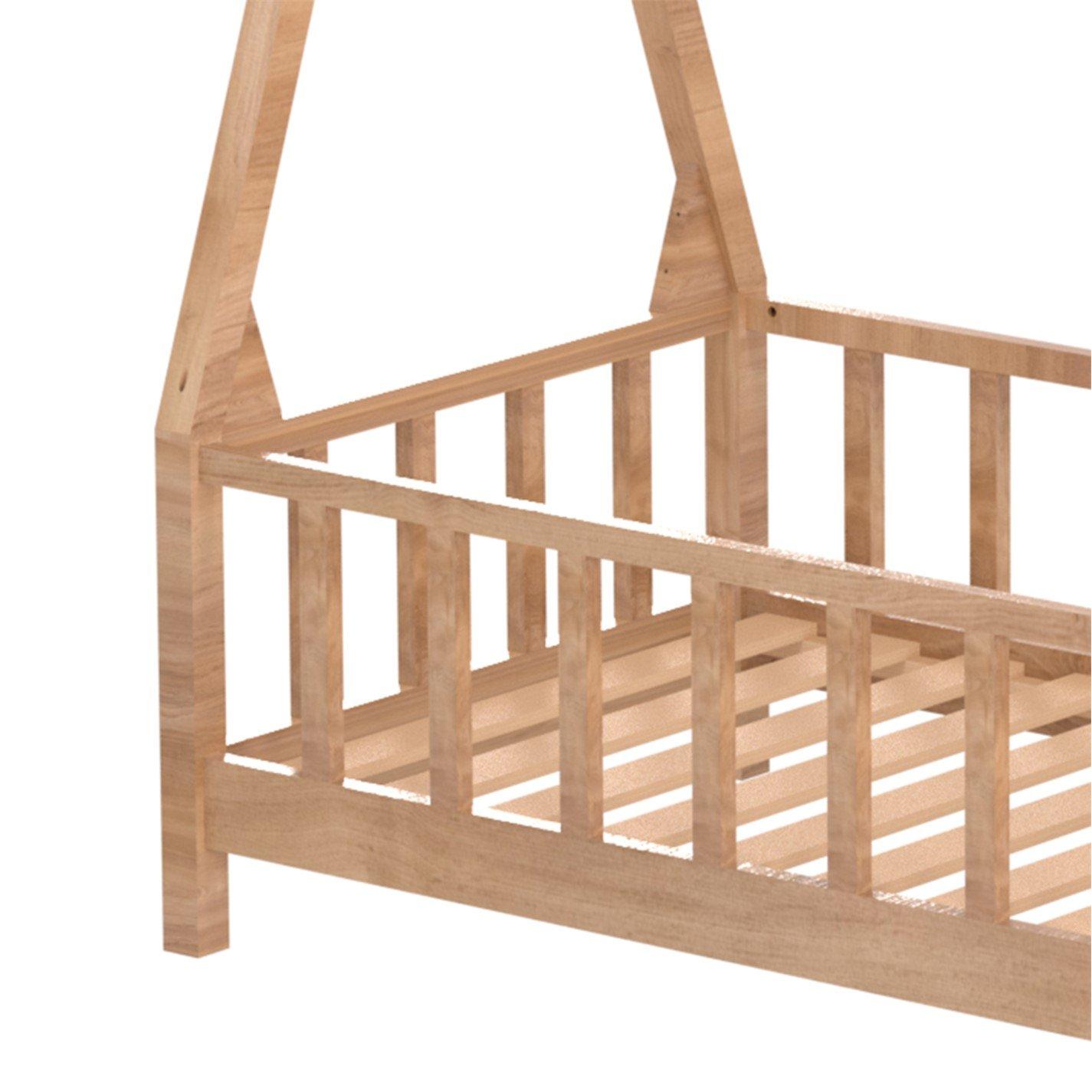 Brown - Kabinet UK - Kids Premium Wood House Bed Frame with Fence - 10