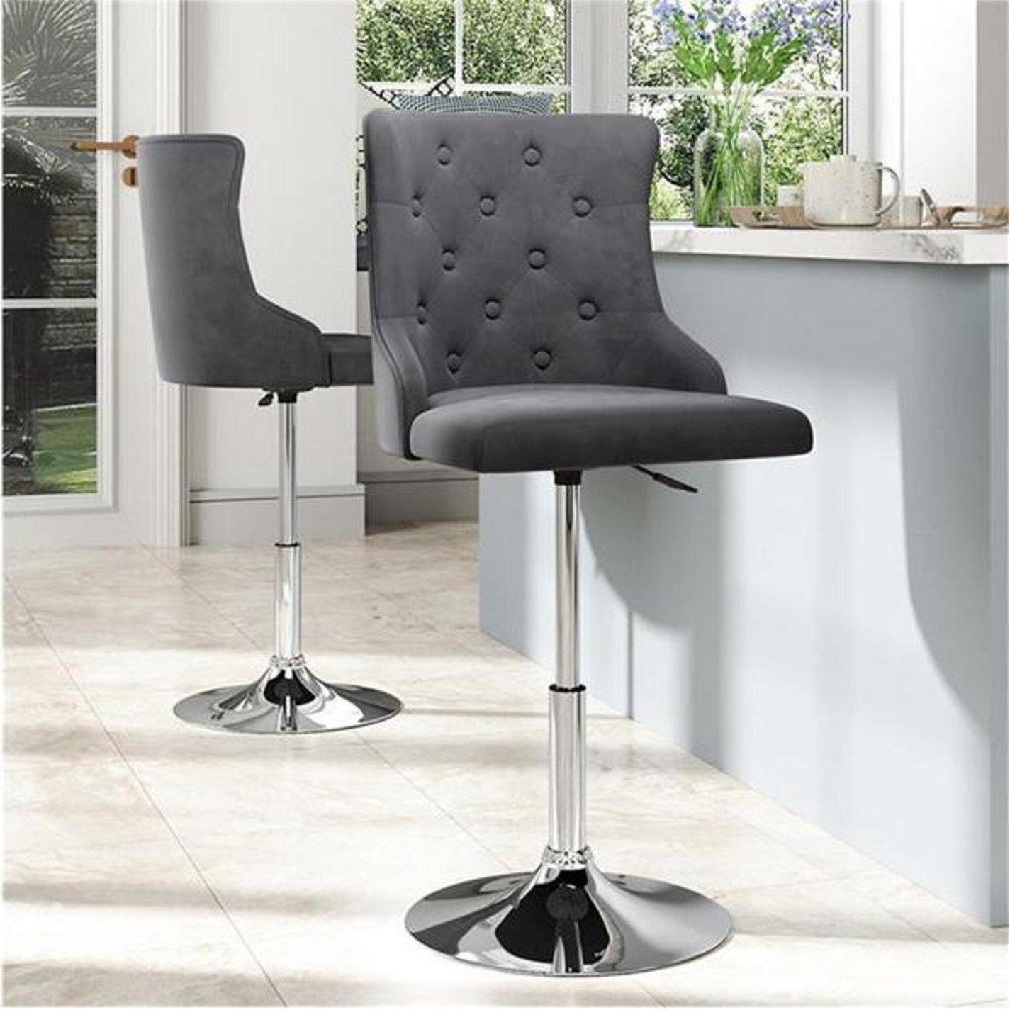 Grey - Kabinet UK - One Modern Velvet Bar Stool with Silver Base - 1