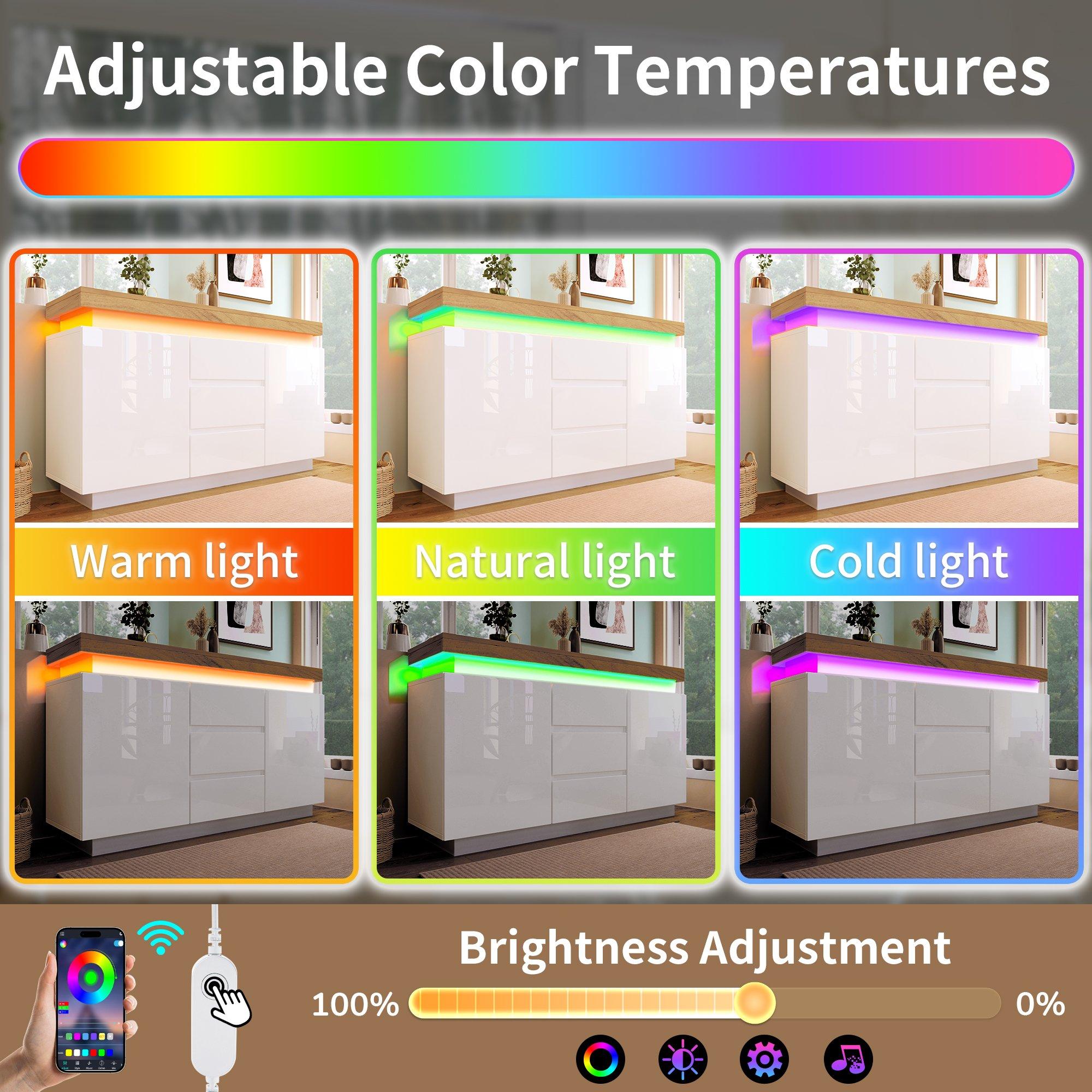 White - Urban Meuble - Modern Led High-Gloss Sideboard Chest of Drawers - 12