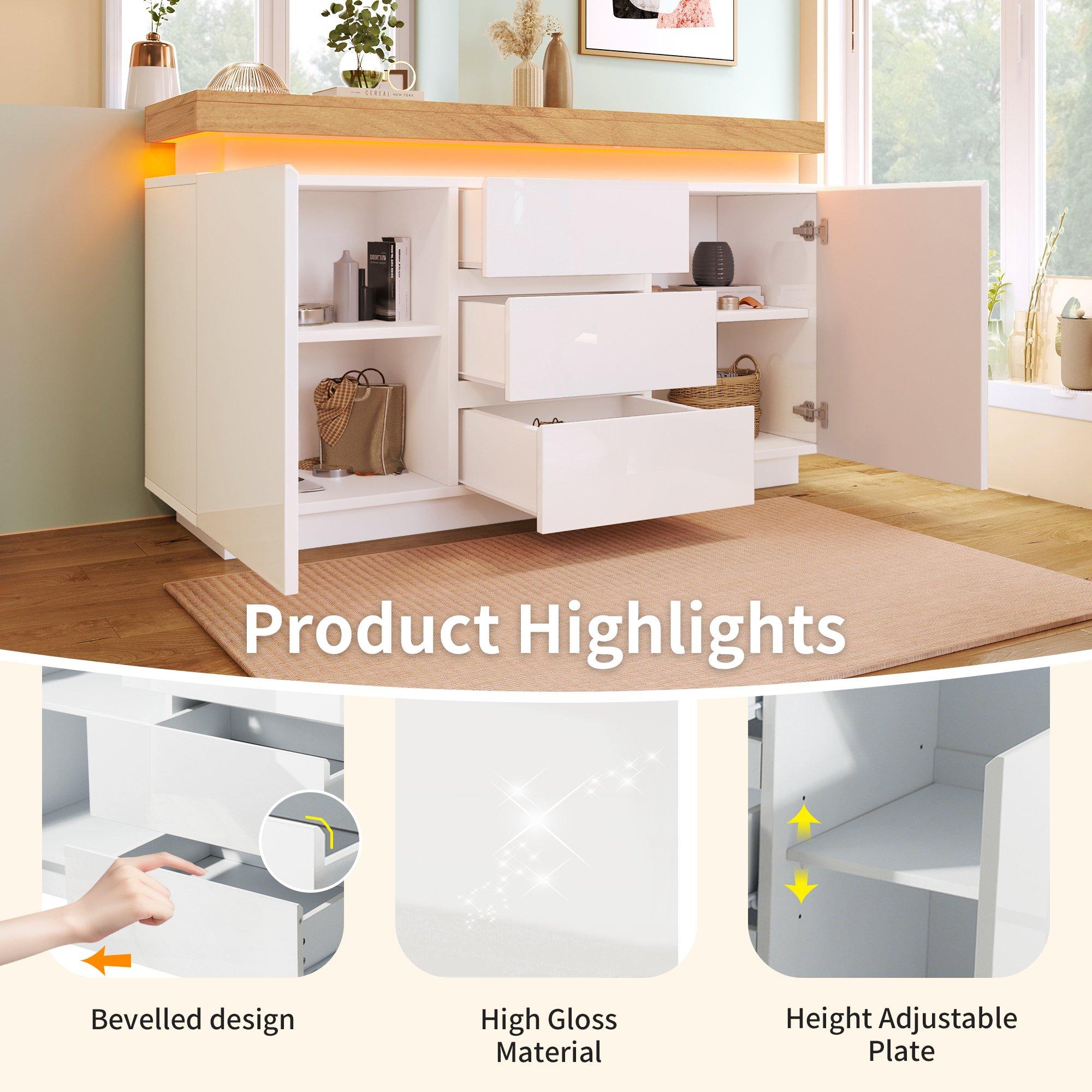 White - Urban Meuble - Modern Led High-Gloss Sideboard Chest of Drawers - 5