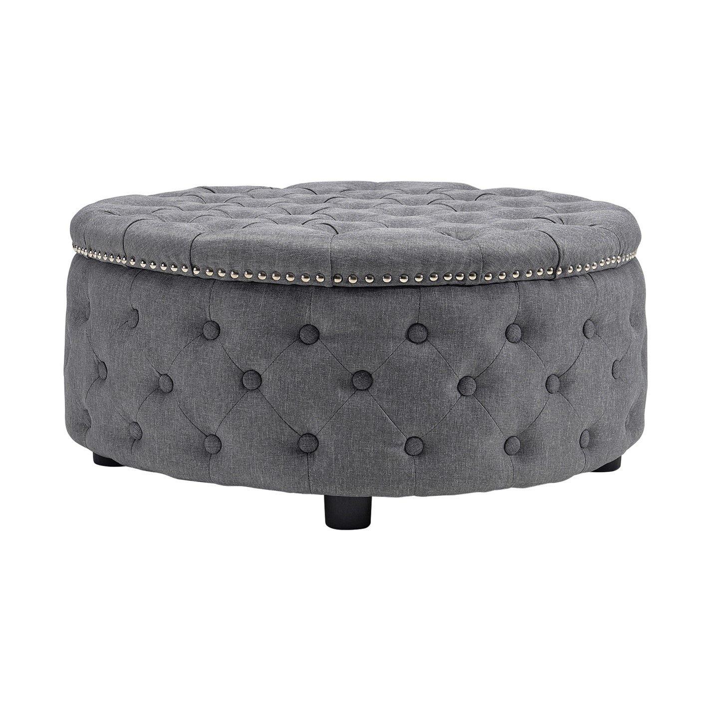 Grey - Kabinet UK - Linen Deep Buttoned Footstool with Studded Edge - 1
