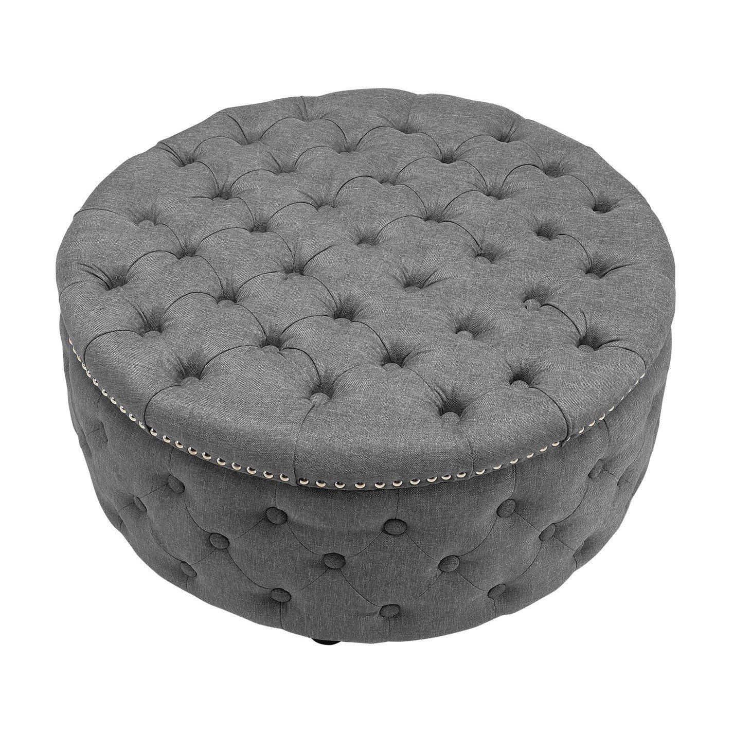 Grey - Kabinet UK - Linen Deep Buttoned Footstool with Studded Edge - 2