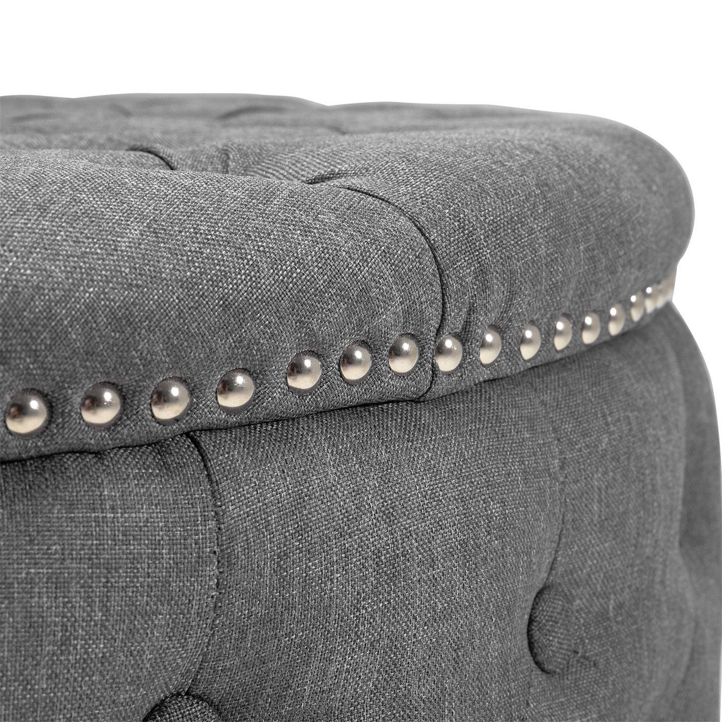 Grey - Kabinet UK - Linen Deep Buttoned Footstool with Studded Edge - 5