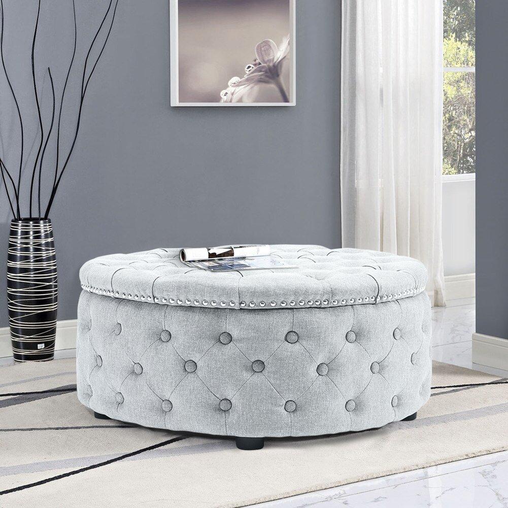 Grey White - Kabinet UK - Contemporary Round Ottoman with Grey Fabric - 2