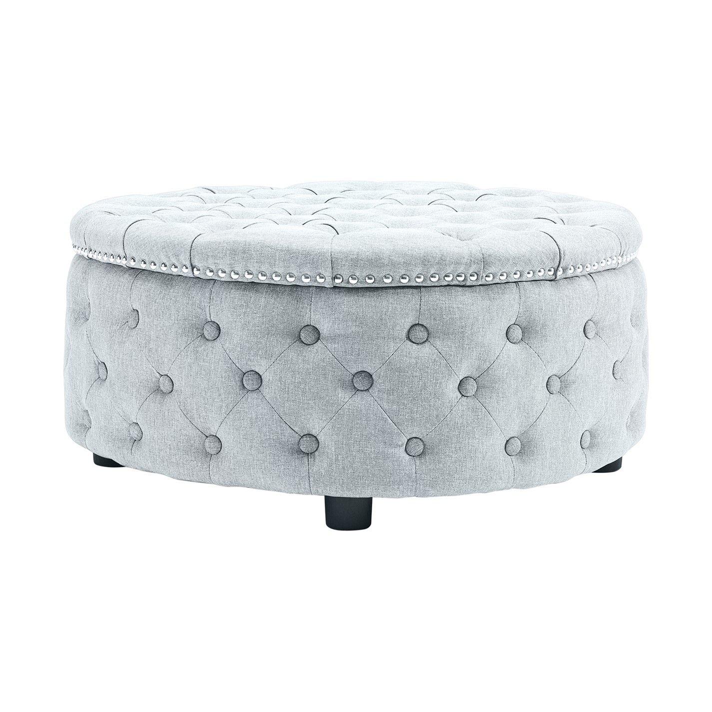 Grey White - Kabinet UK - Contemporary Round Ottoman with Grey Fabric - 3
