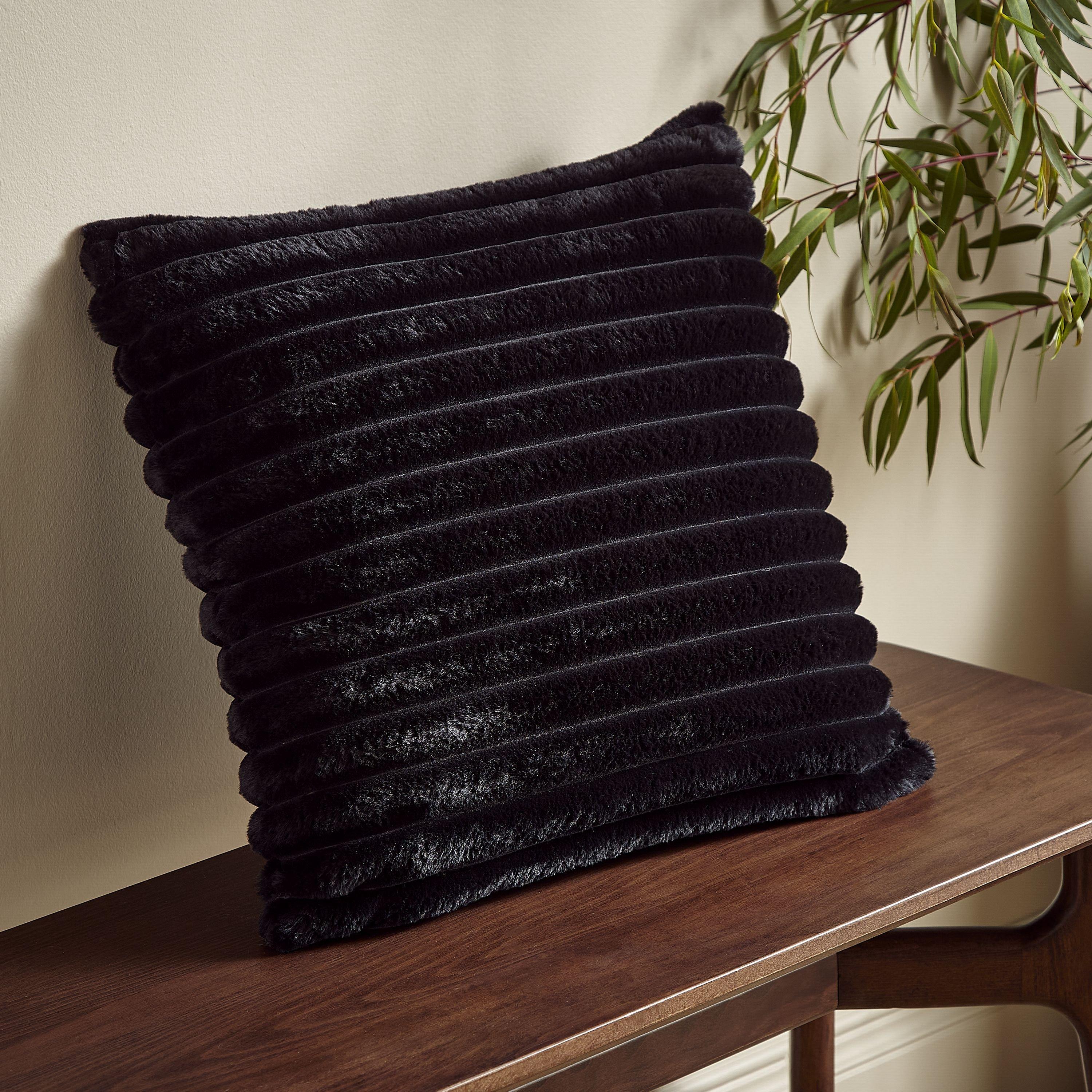 Black - Catherine Lansfield - Cosy Ribbed Faux Fur Soft Touch Cushion - 1