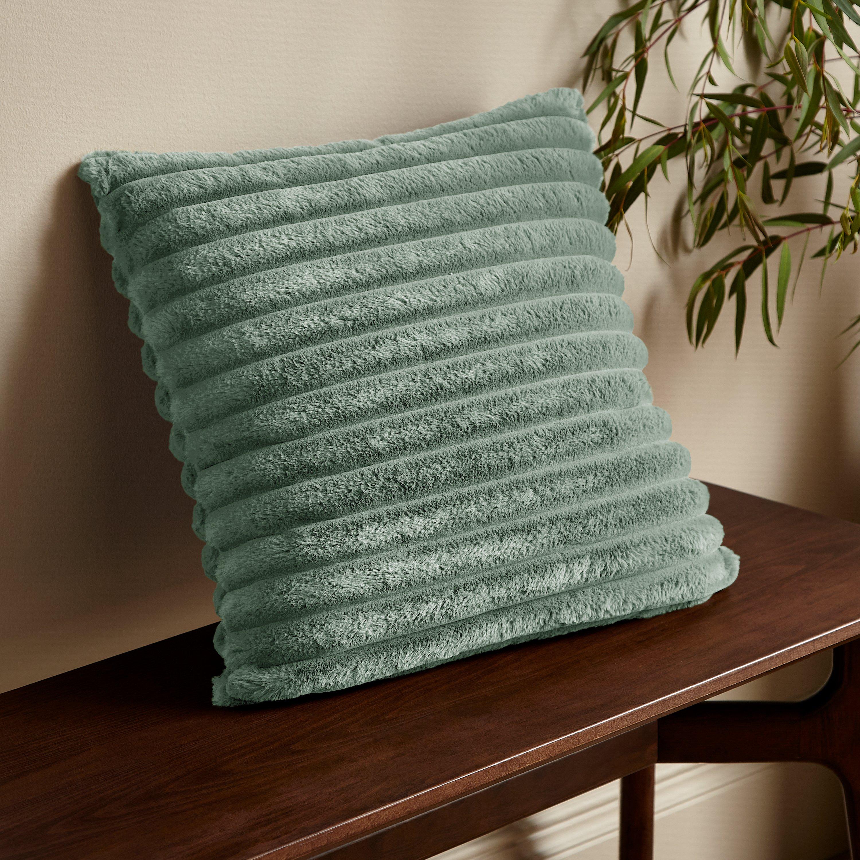 Green - Catherine Lansfield - Cosy Ribbed Faux Fur Soft Touch Cushion - 1