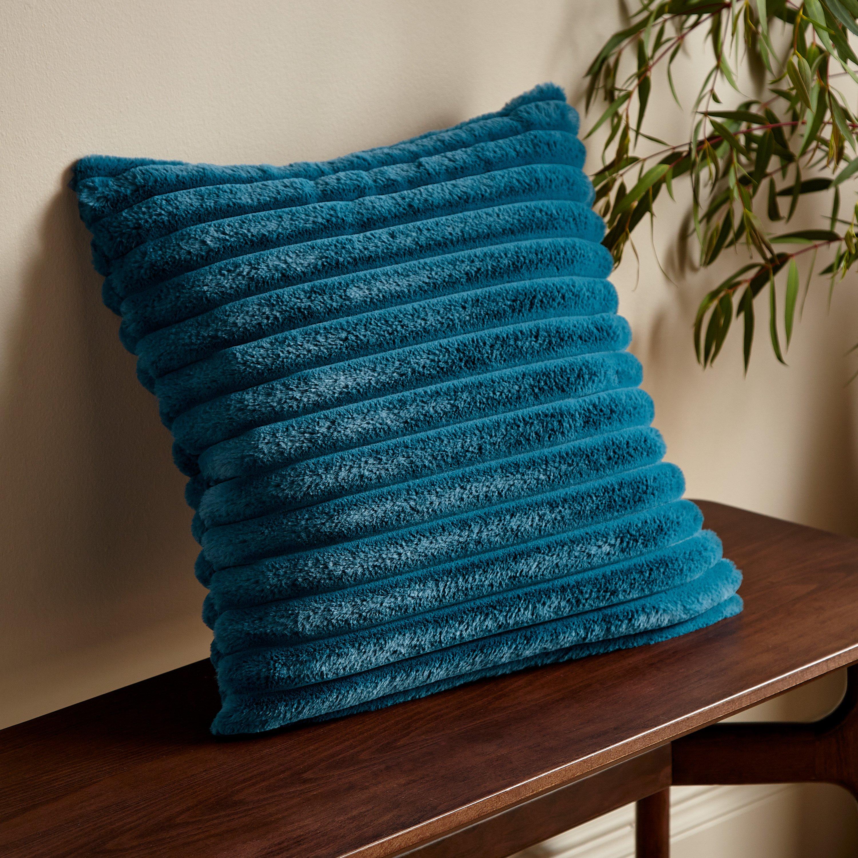 Catherine Lansfield  Cosy Ribbed Faux Fur Soft Touch Cushion - Teal - 45x45cm