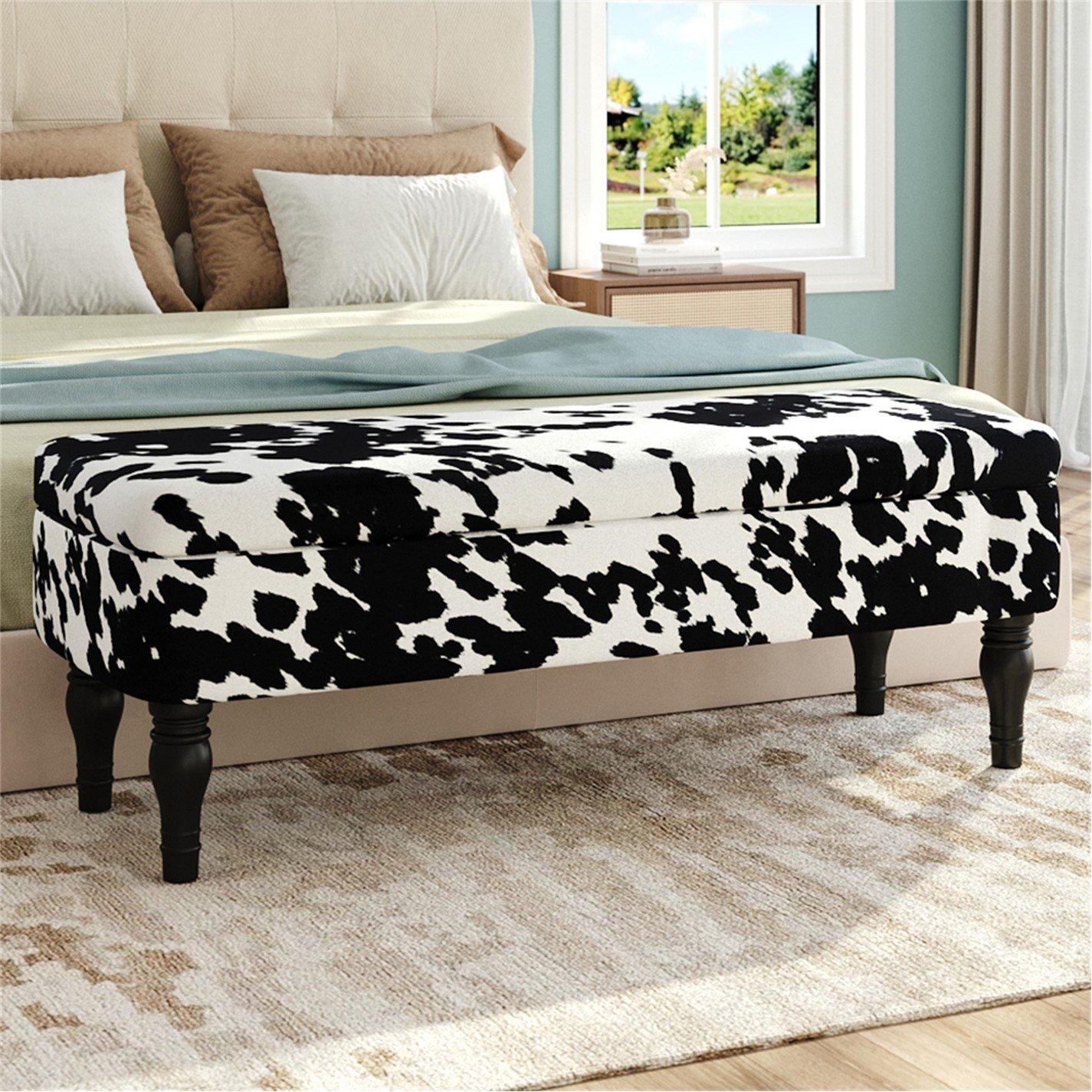 White Black - Kabinet UK - Cow Print Velvet Upholstered Storage Bench - 1