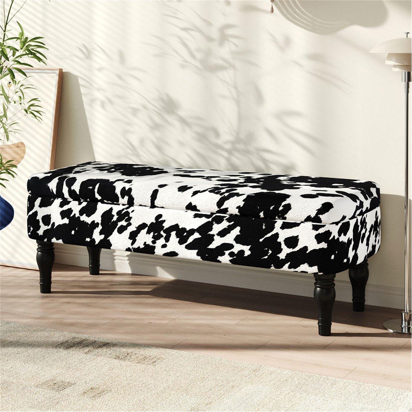 White Black - Kabinet UK - Cow Print Velvet Upholstered Storage Bench - 2