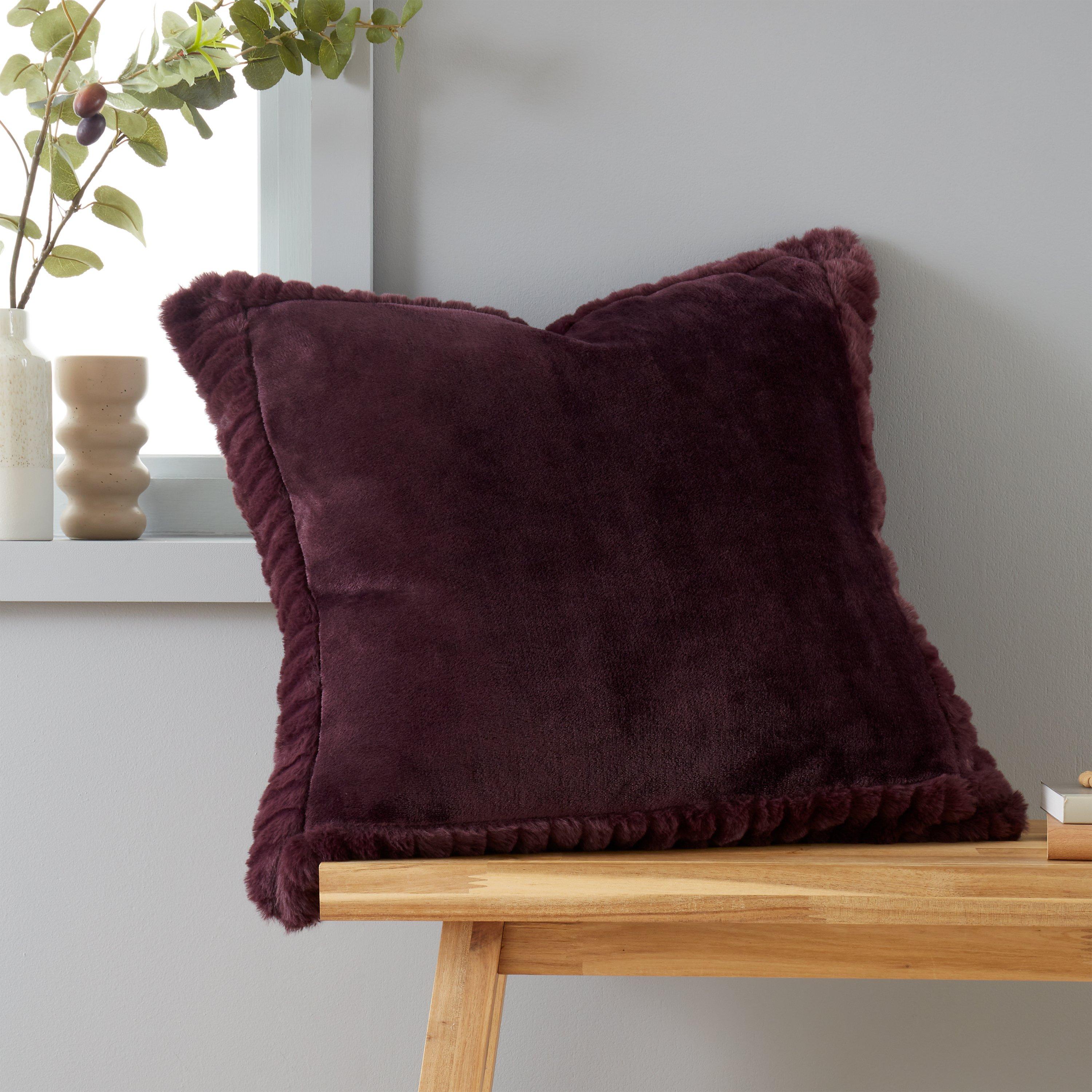 Plum Catherine Lansfield Velvet And Faux Fur Cushion - Image 5