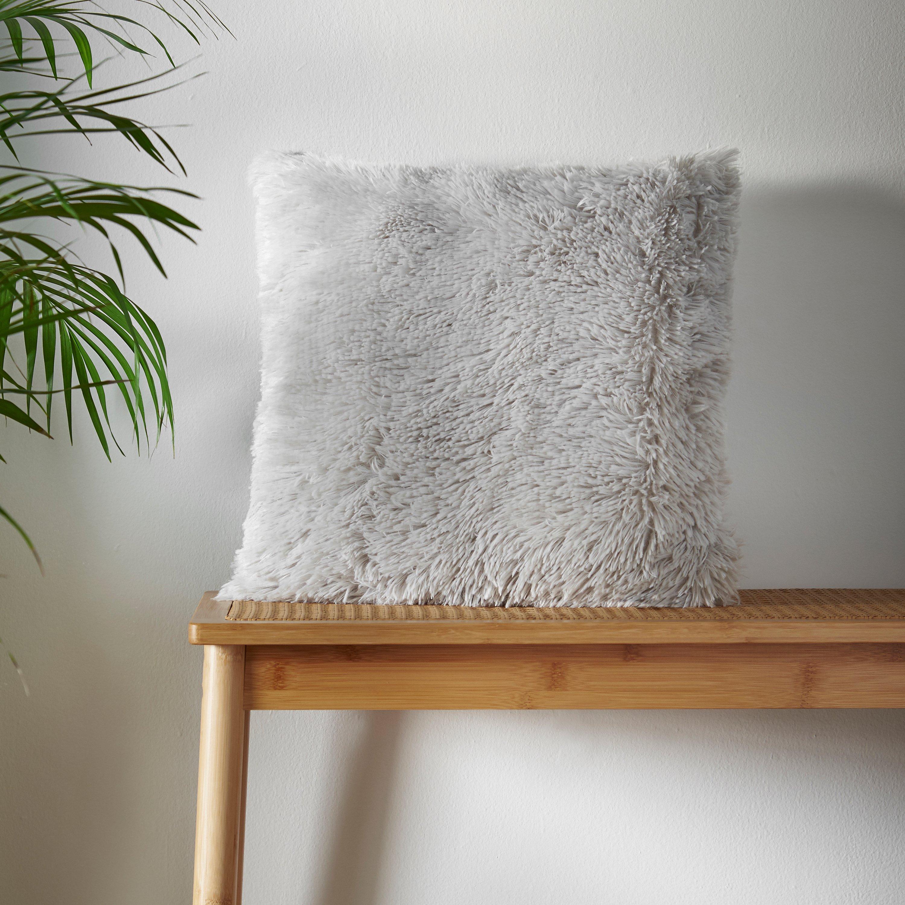 Catherine Lansfield  Cuddly Deep Pile Faux Fur Cushion - Silver Grey - 45x45cm