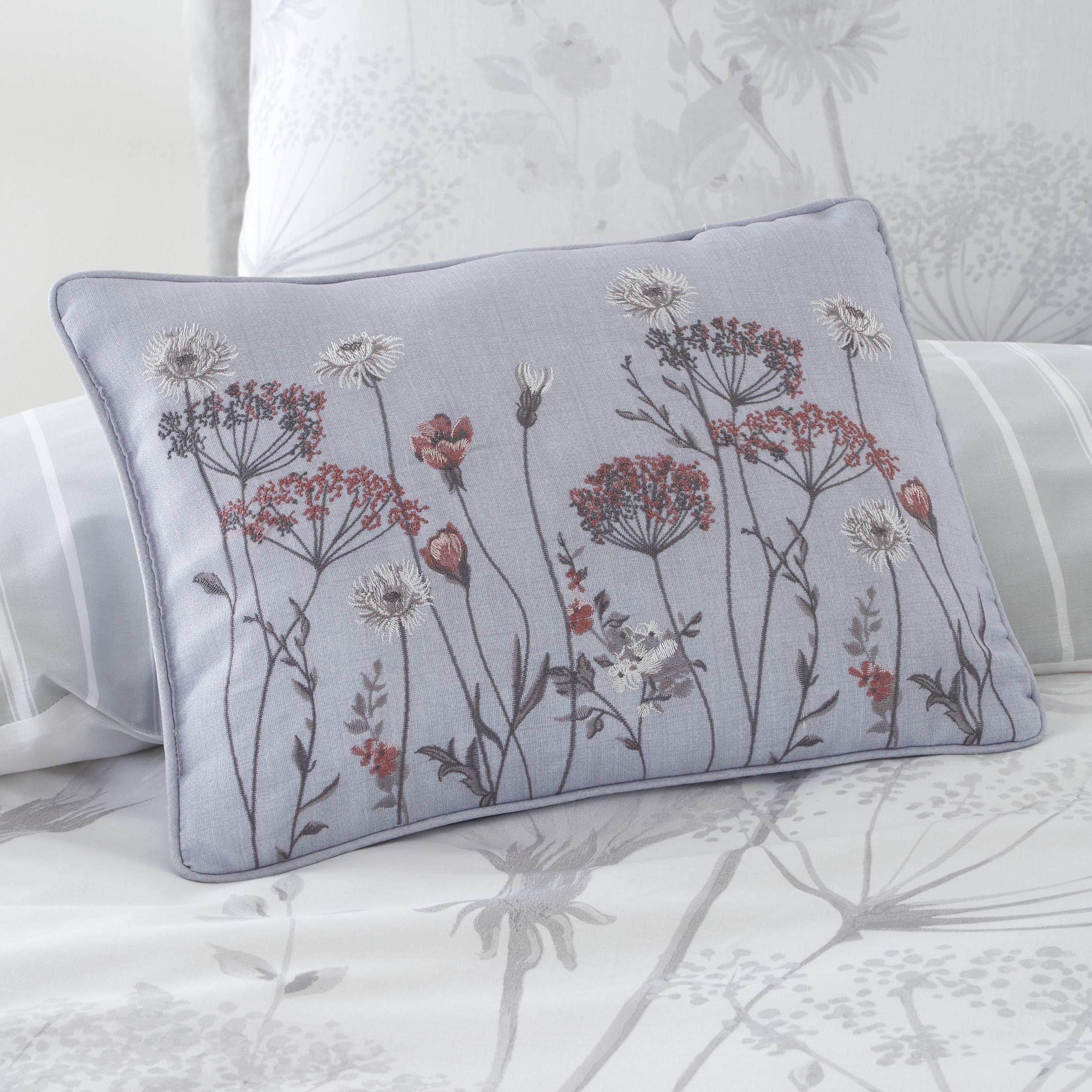 Catherine Lansfield  Meadowsweet Floral Embroidered Cushion - Grey - 30x40cm