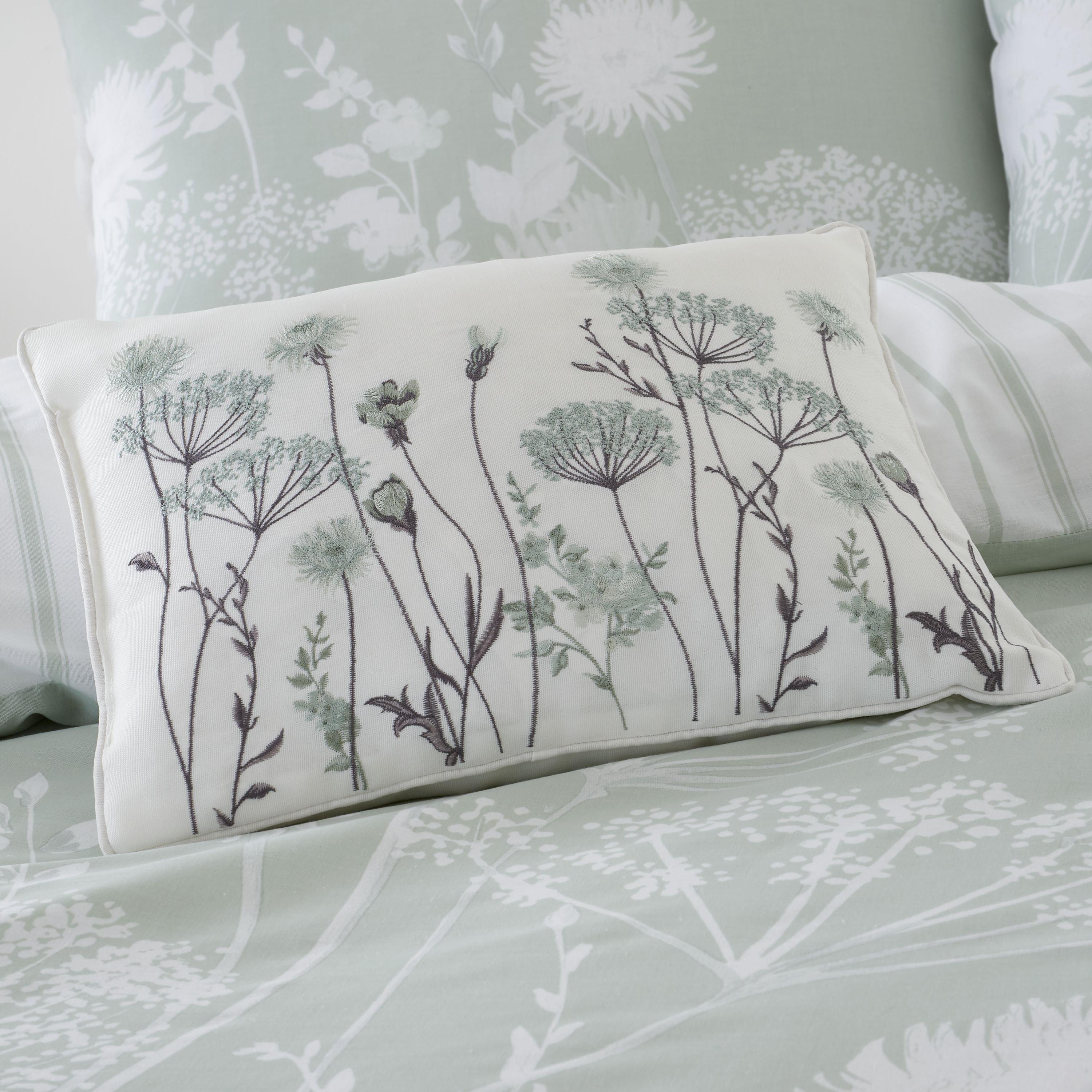 Catherine Lansfield  Meadowsweet Floral Embroidered Cushion - Green - 30x40cm