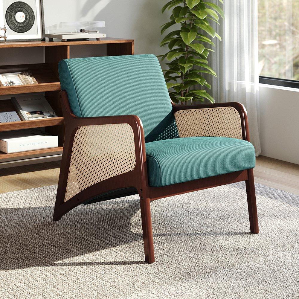 Green - Kabinet UK - Corduroy Armchair with Rattan Armrest - 2