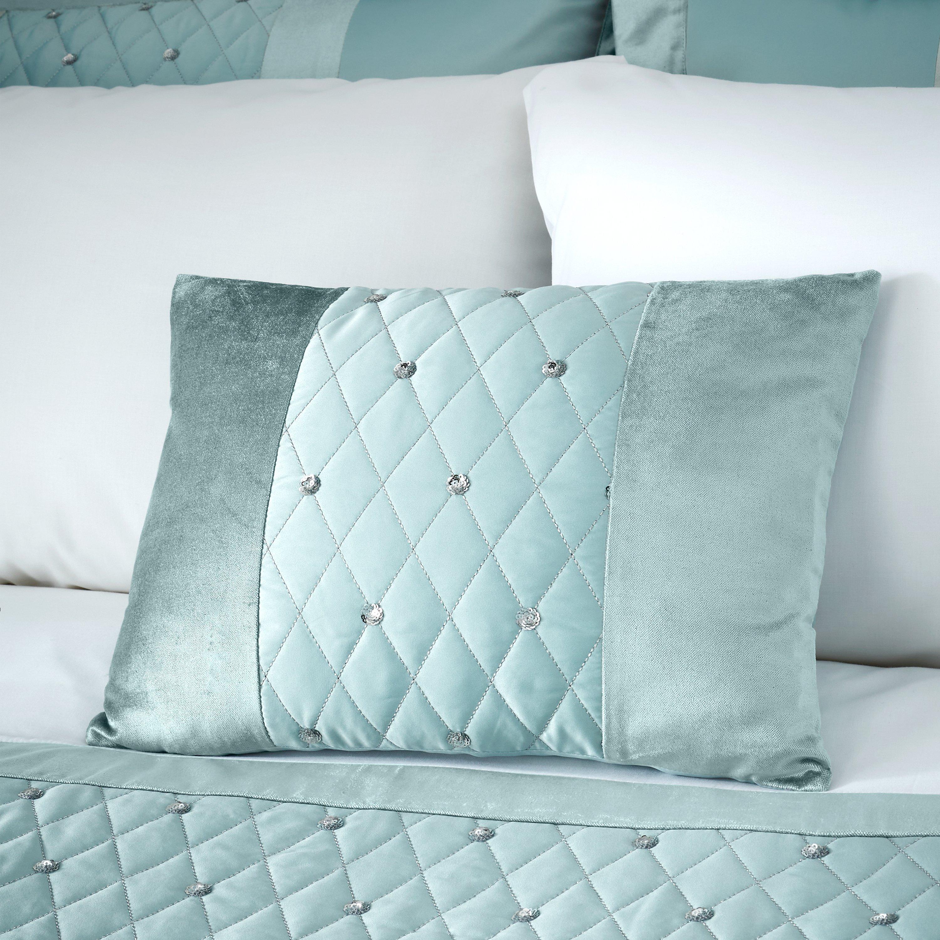 Duck Egg Blue - Catherine Lansfield - Sequin Velvet Quilted Cushion - 1