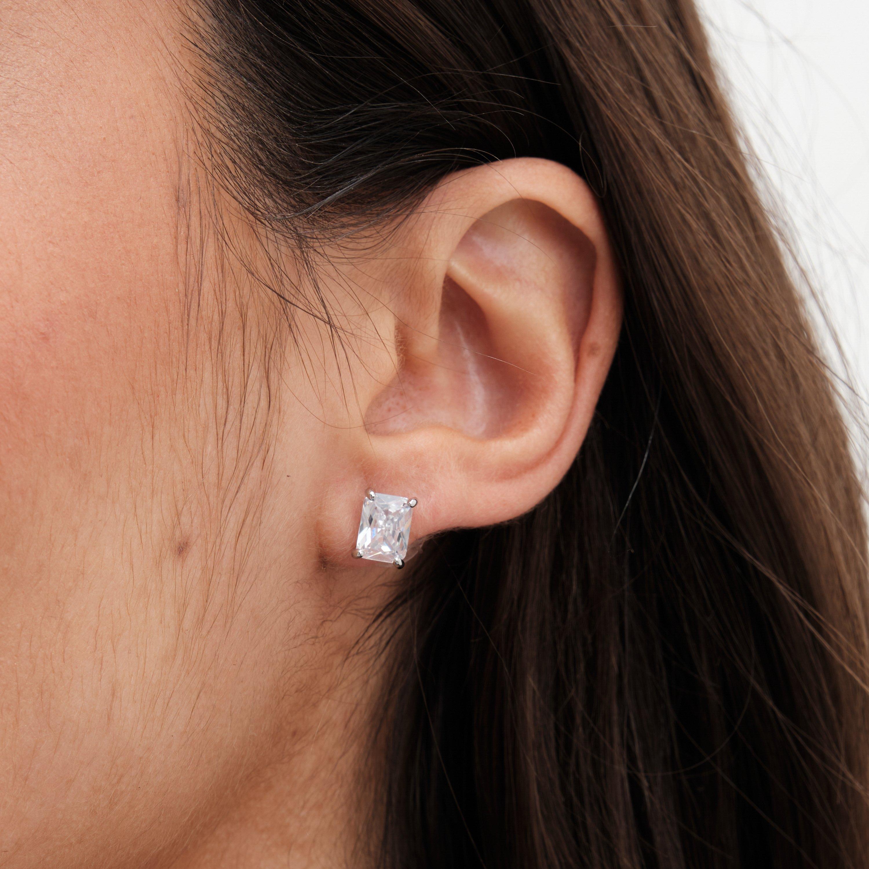 Silver - Jon Richard - Rhodium Plated Cubic Zirconia Emerald Cut Stud Ear - 2