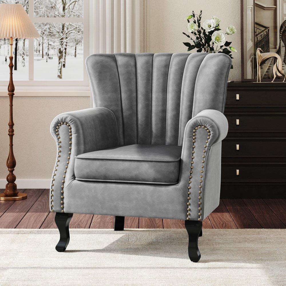 Dark Grey - Kabinet UK - Vintage Velvet Wing Back Armchair with Studs - 2