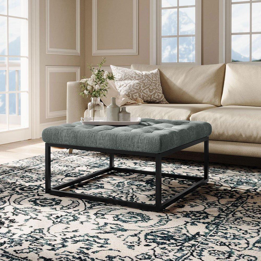 Grey - Kabinet UK - Square Linen Footstool with Metal Frame - 1