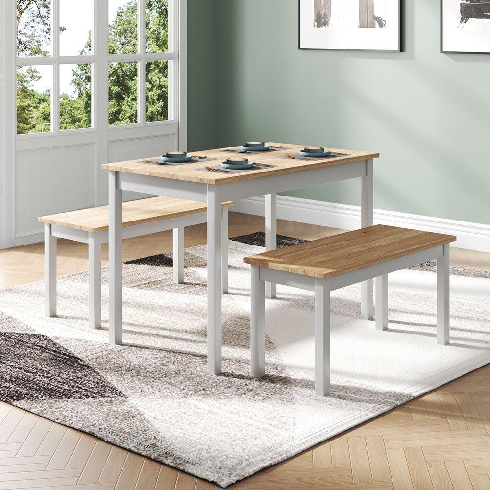 White Brown - Kabinet UK - 3 Piece Modern Wood Dining Table and Benches Set - 1